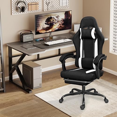 Miniatura 2 de Silla de juegos de tela transpirable con reposapiés, silla de juegos de altura ajustable, silla de videojuegos para sala de juegos, sala de estar y