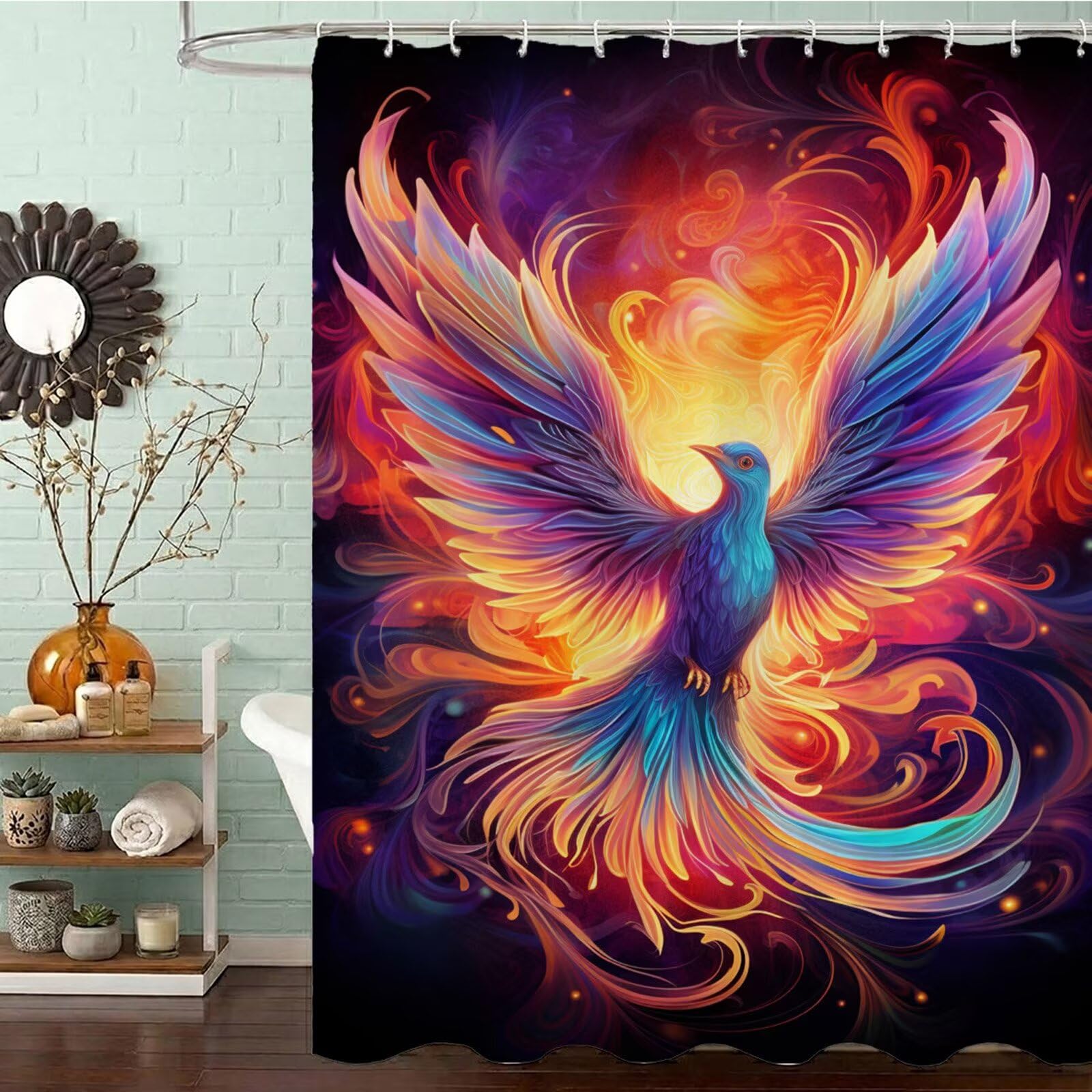 Wasserdichter Duschvorhang Anti-Schimmel 200x240 cm, Waschbar Schnelltrocknend Textil Stoff Polyester Duschvorhang Bird Shower Curtain mit Gewicht und 12 Duschvorhängeringen für Badewanne, Bunt J8-528