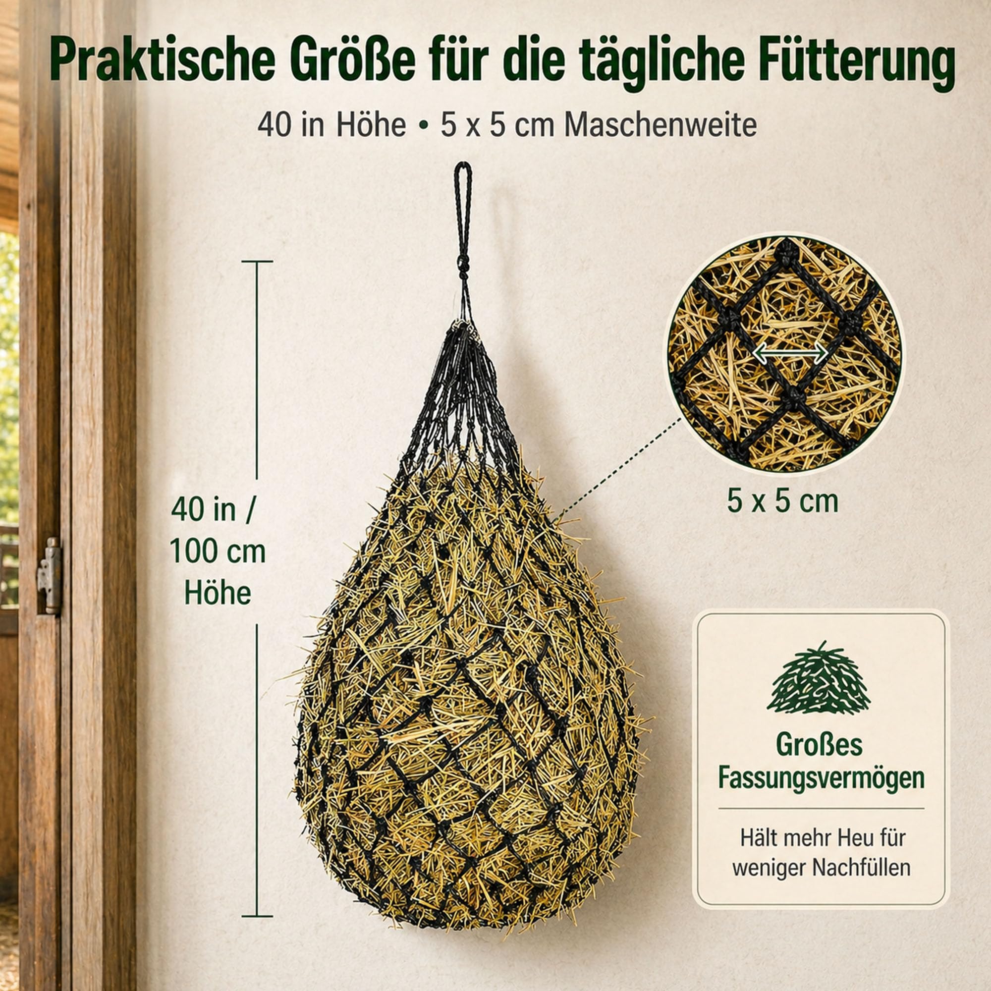 3 stück Heunetz für Pferde Engmaschig – 10kg Runder Heusack mit Tragetasche, Hängendes Heutasche als Futternetz fürs Pferd, für Stall/Weide/Pferdeanhänger, Rundballen & Heuballen, Langsames Füttern