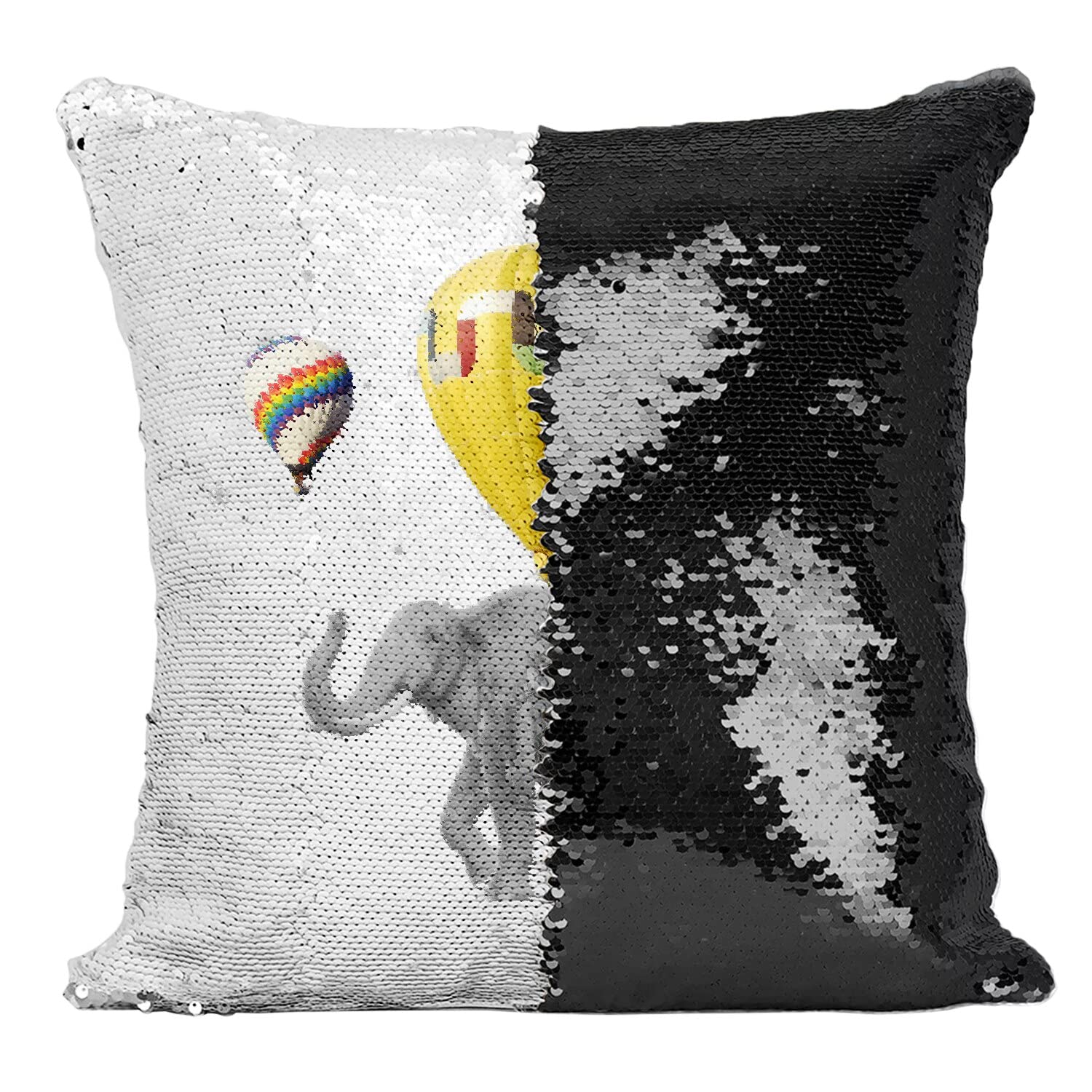 Coussin sequin noir éléphant volant une idée cadeau surréaliste unique