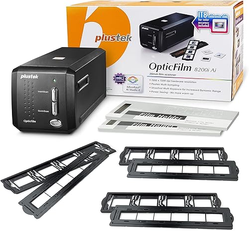 Plustek OpticFilm 8200i Ai - Convertidor de escáner de película y diapositivas + kit de portaobjetos montados de 1.378 in + kit de rayas de película