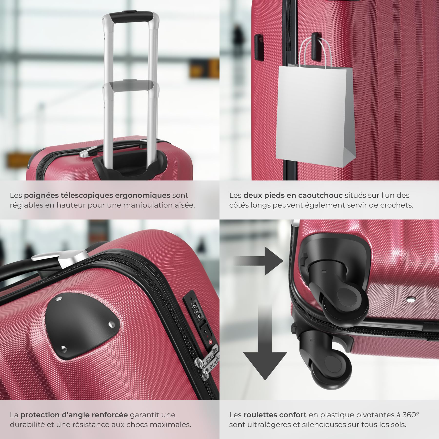 tectake® Set de Valises de Voyage 3 Tailles Valise Grande Taille, Cabine et Petite Valise Sacs de Voyage Valises Maternité ABS avec roulettes Pivotantes 360° Cadenas Poignée télescopique
