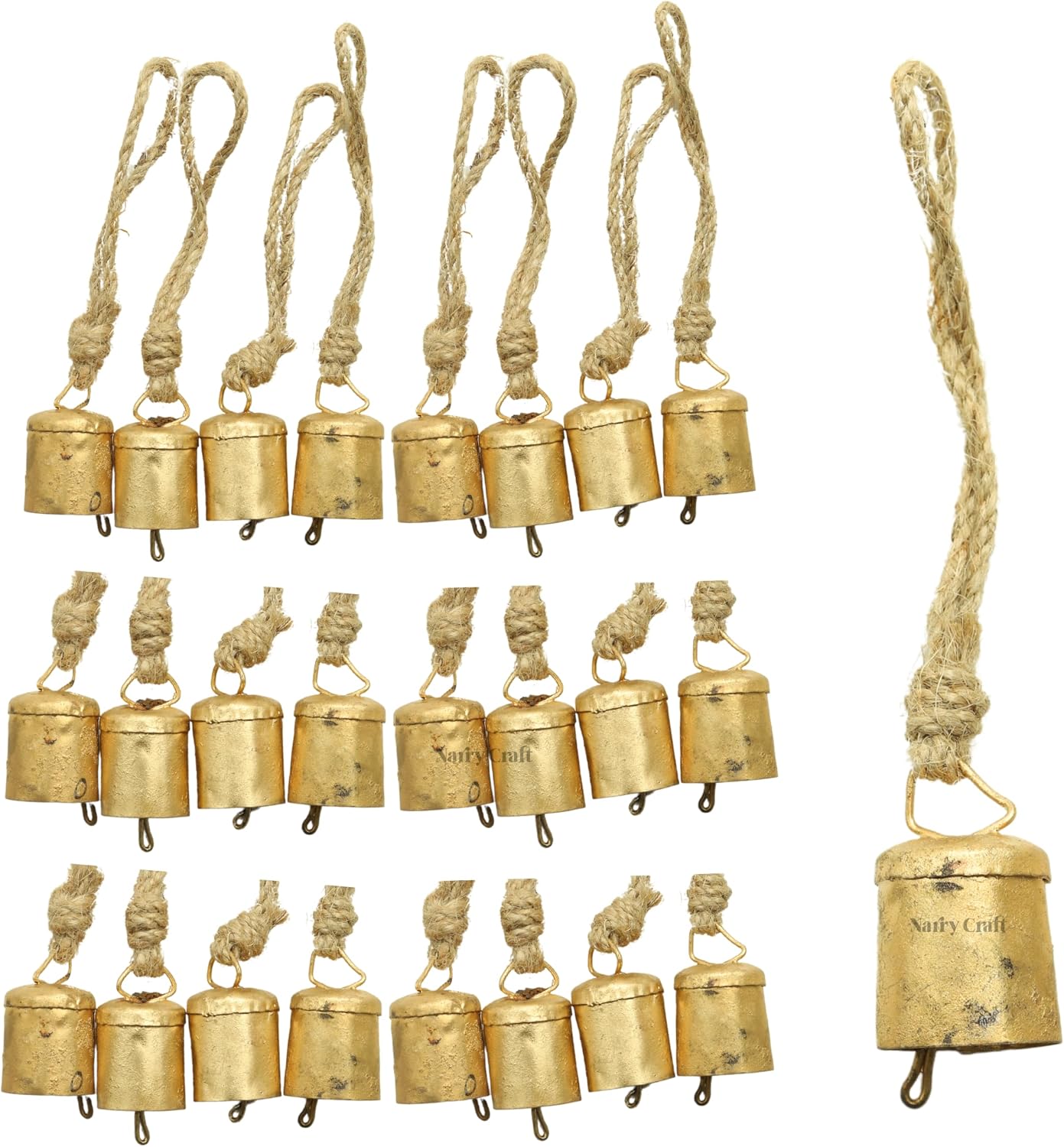 Handmade 4cm Rustic Jingle Bell Tin Coe Bells on Rope Handmade Lucky Christmas Décor Bells on Jute Rope (20, Cylinder)