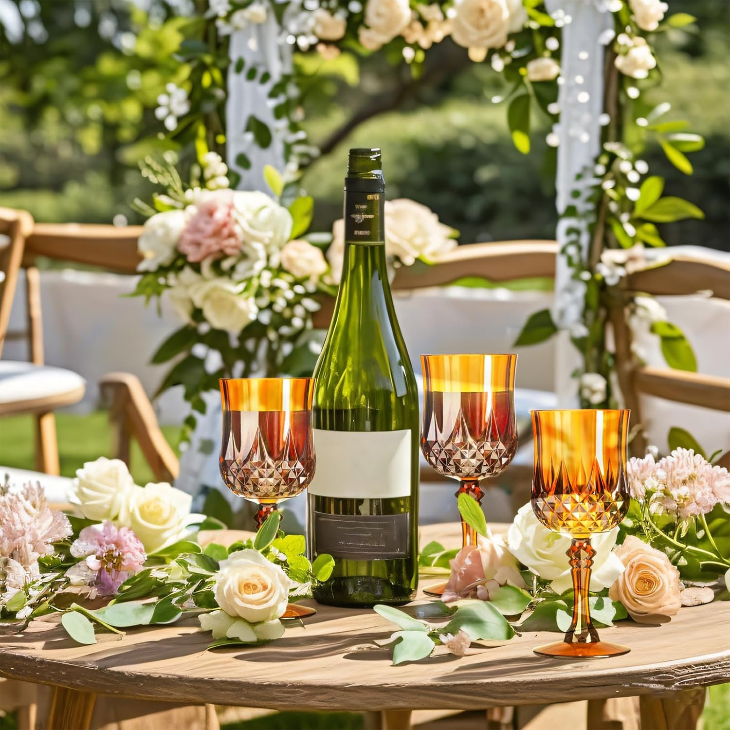 XKXKKE 100 Pcs Amber Plastic Wine Glasses, Plastic Water Goblets for Parties, Stemmed Drinking Glasses for Wedding Reception, Grand Event Party Bar Supplies Reusable Drinking Cups