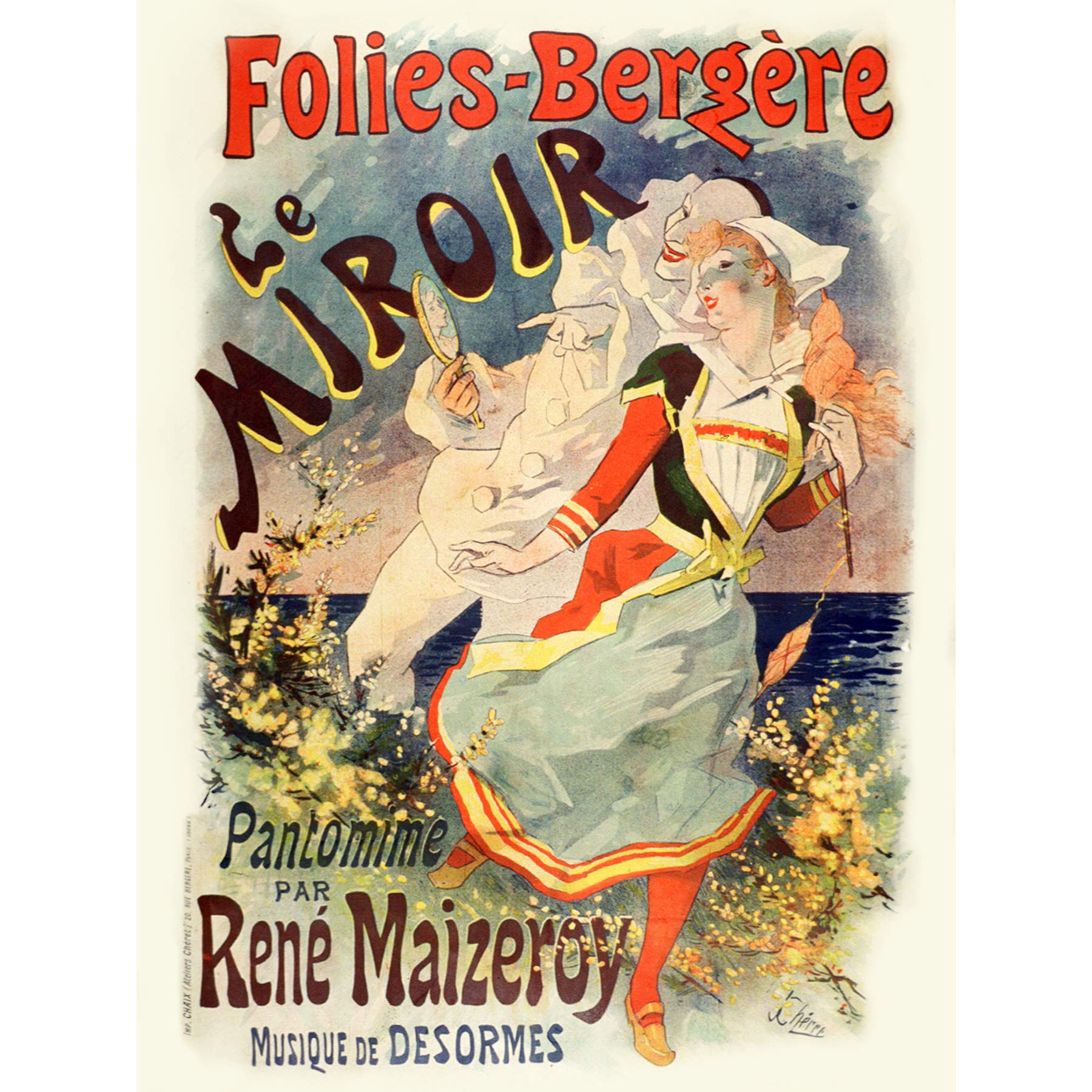 Cheret Folies-bergere Mirror Nouveau Advert Premium Wall Art Canvas Print 18X24 Inch