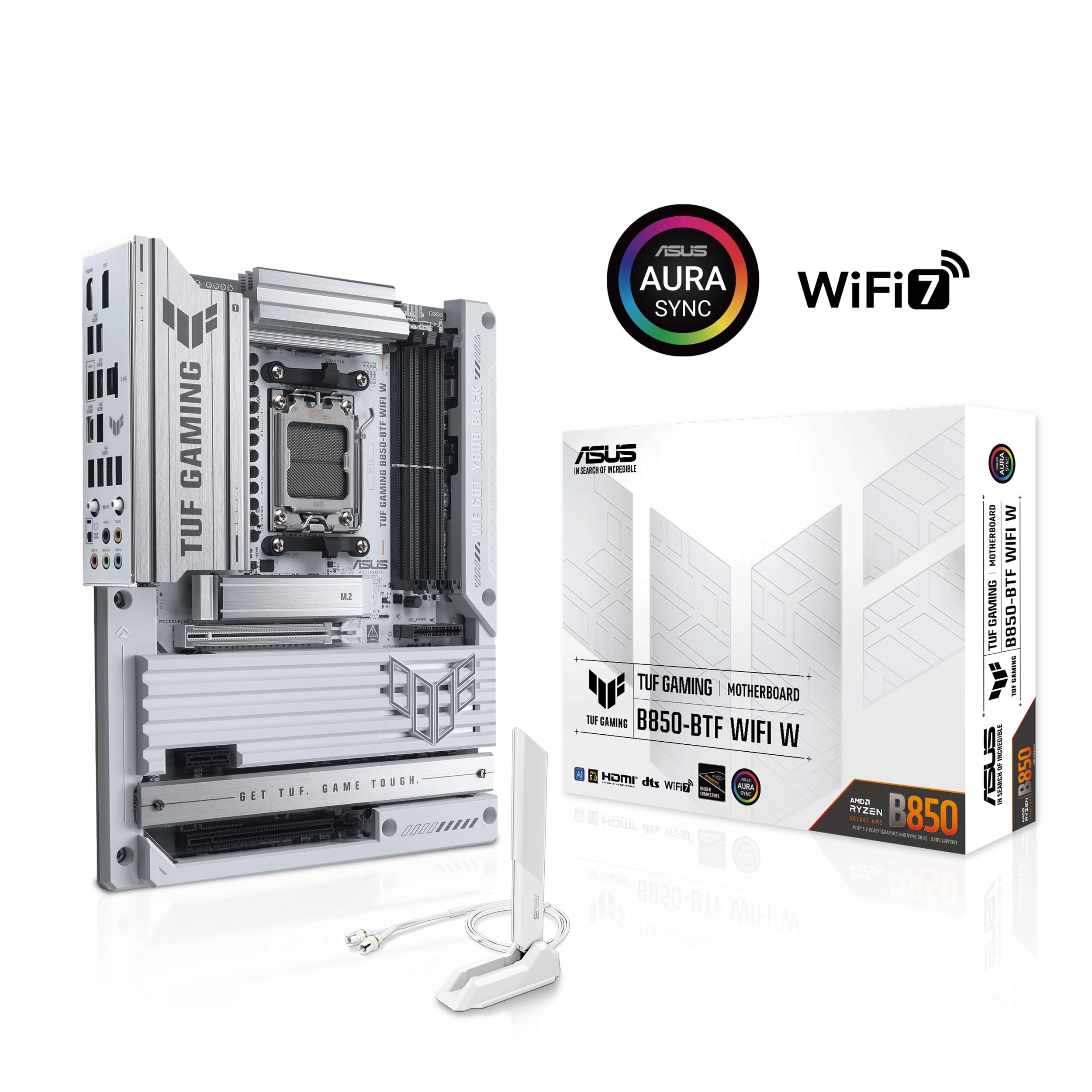 ASUS TUF Gaming B850-BTF WIFI W, płyta główna AMD ATX, 14+2+1 faz zasilania, gniazdo DDR5, PCIe 5.0 Ready, 3 gniazda M.2, WiFi 7, Realtek 2.5 GB, USB-C, HDMI, DisplayPort, BIOS Flashback i Aura Sync