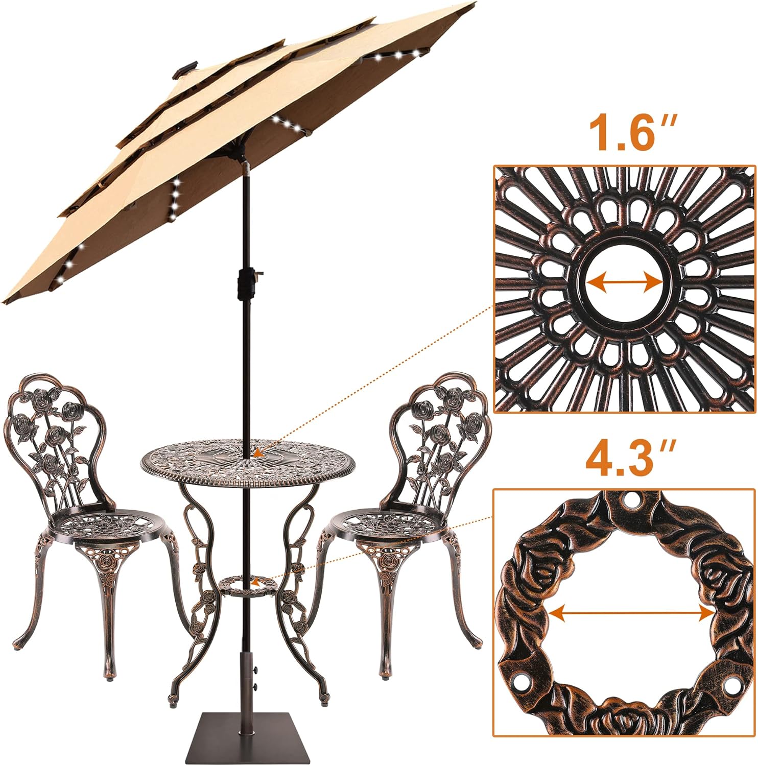 LZRS Bistro Table Set 3-Piece，Outdoor Patio Bistro Set Table and Chairs Furniture w/Rose Design with Umbrella Hole, Cast Aluminum Durable Rust Weather Resistance,Bonus Folding Umbrella,Bronze : Patio, Lawn & Garden