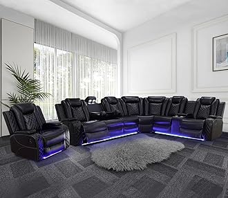 Power Recliner Sofa Sectional Couch for Living Room Furniture Set,Leather Reclining Corner Sectional Couch with 3 Recliner Seats,Cup Holder,Storage,LED Light for House/Home Theater, Black
