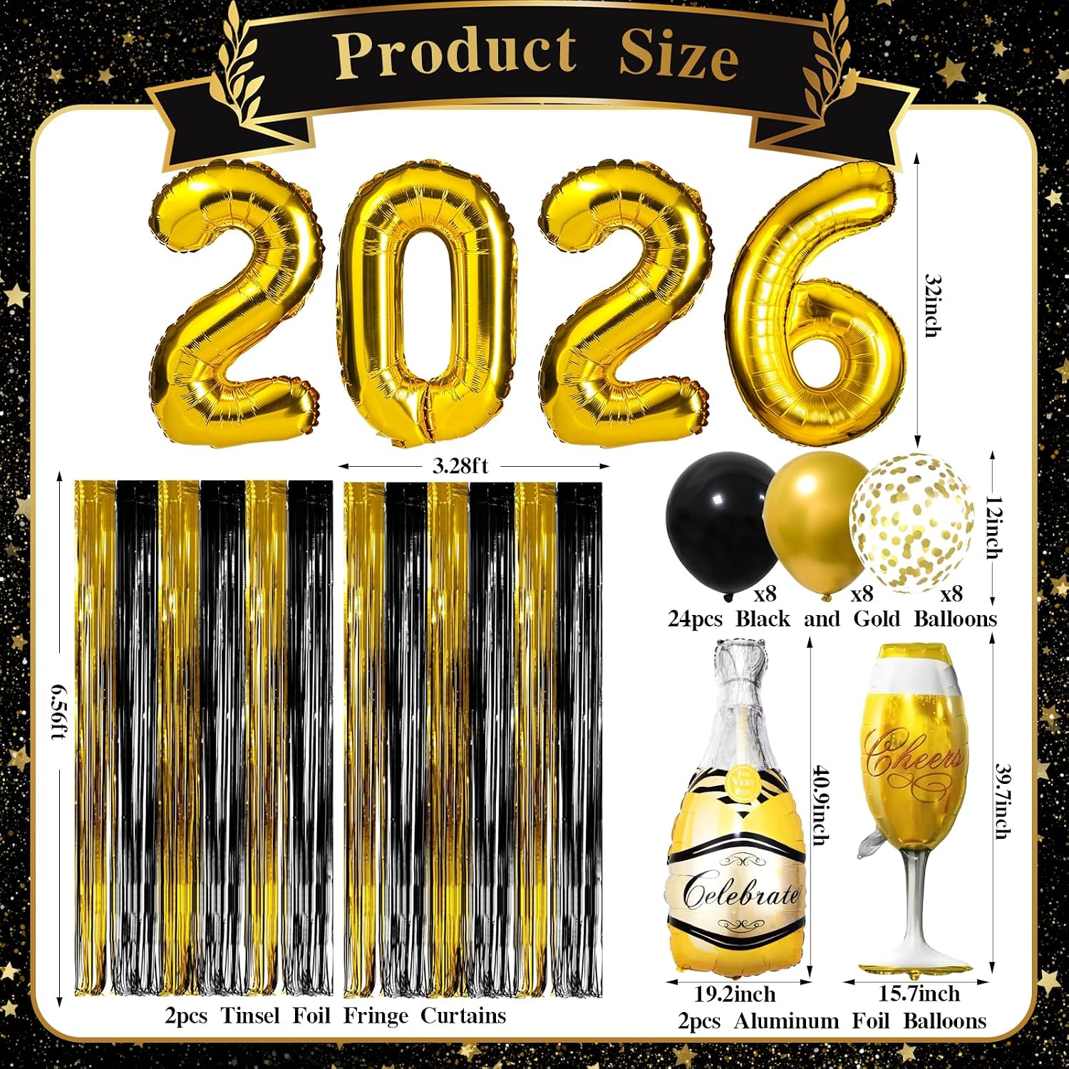32-Piece 2026 Happy New Years Decorations, Black & Gold Party Kit image 2