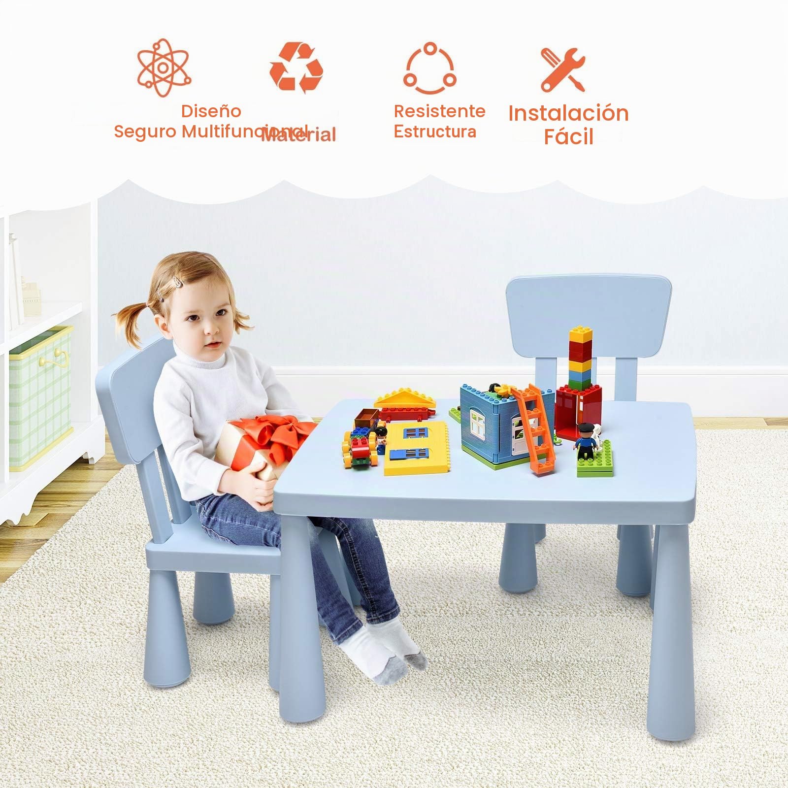 FANTASK Juego de Mesa Infantil de 3 Piezas, Mesa Infantil con 2 sillas, Muebles Infantiles de plástico, Mantel Individual para guardería y habitación Infantil (Azul)