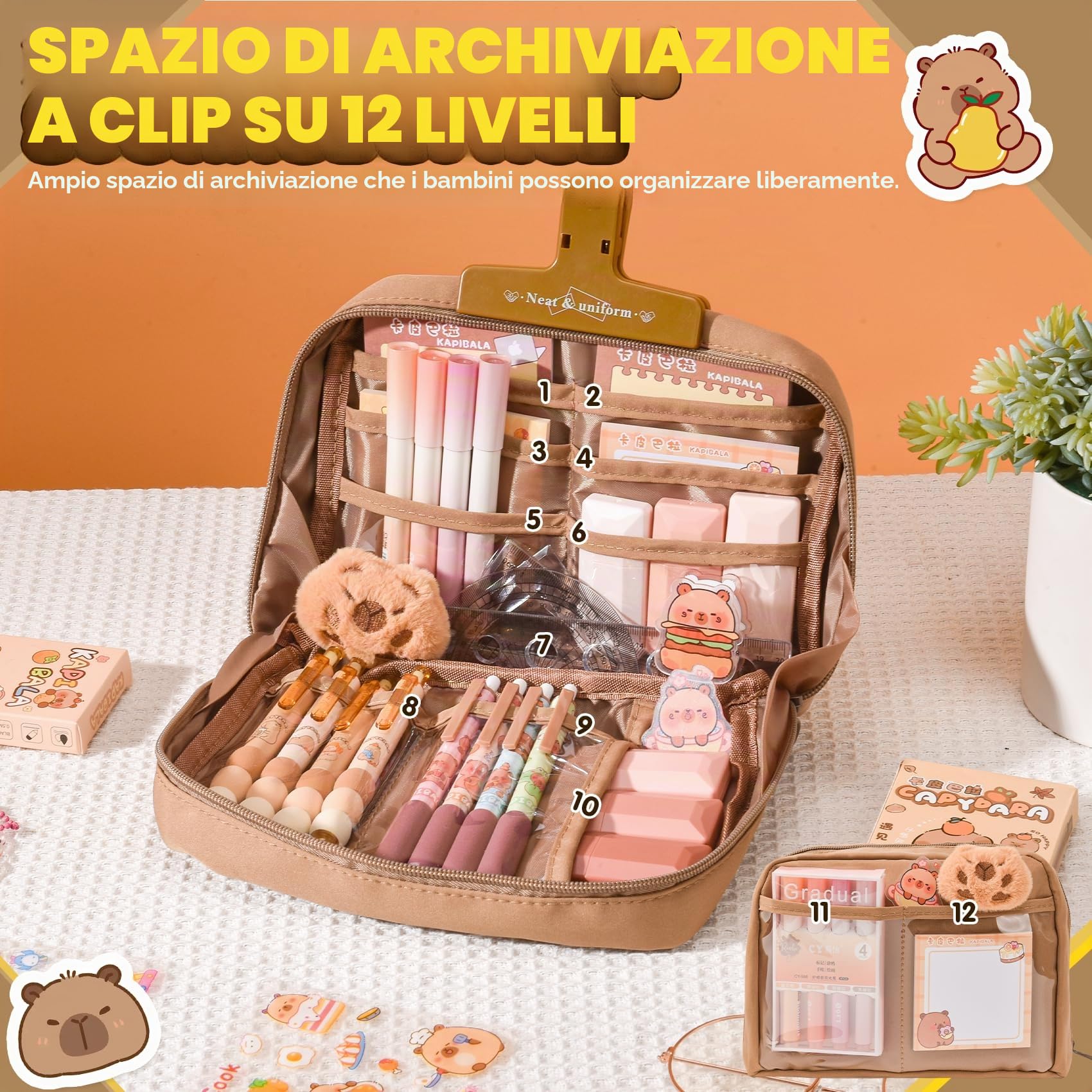 Capybara - Kit Scuola Capibara – Set Regalo Carino per Bambini & Studenti, Include Penne, Clip, Righelli – Organizzato per Scuola, Ufficio, Arte