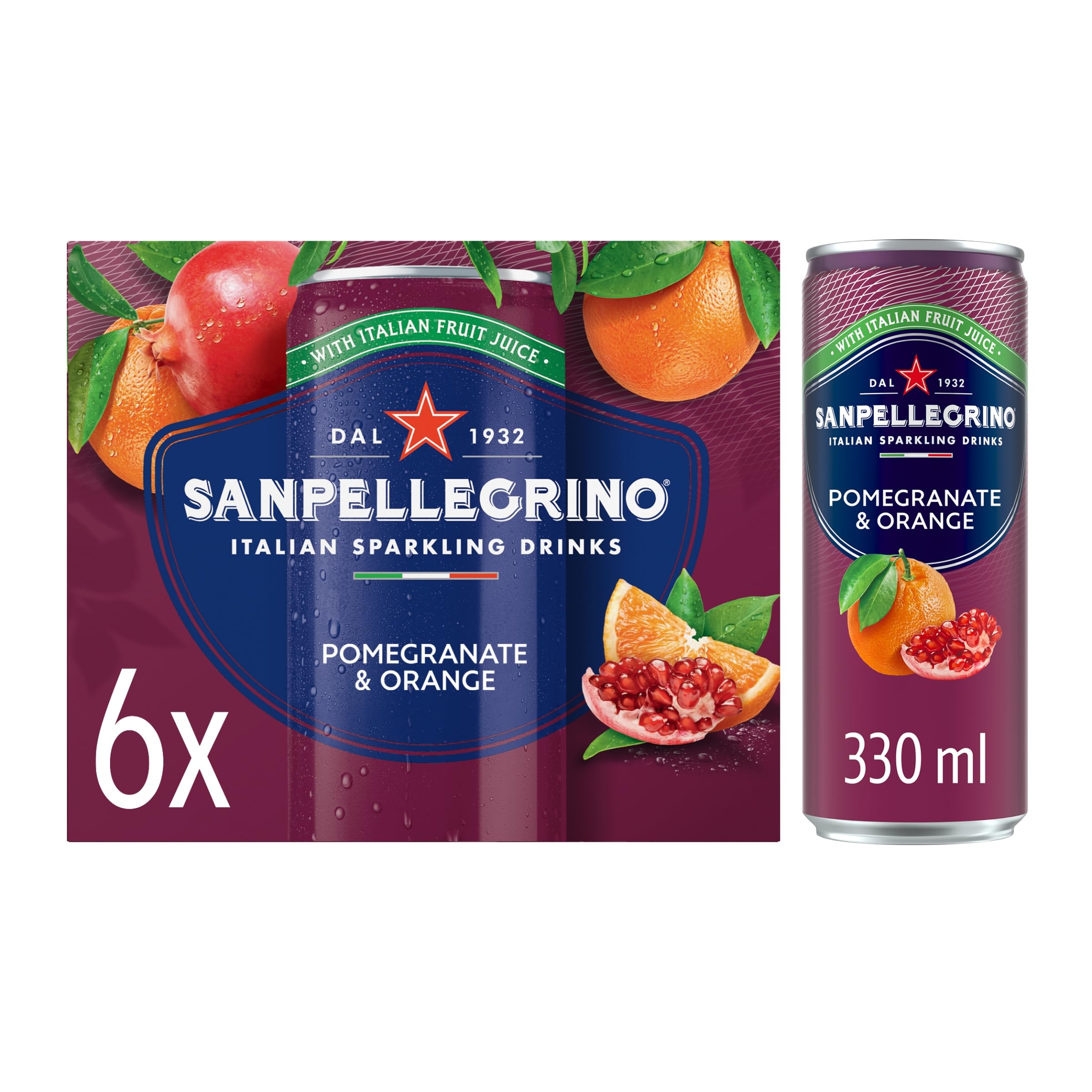 San Pellegrino Italian Sparkling Drinks Tastefully Light Sparkling Pomegranate & Orange Canned Soft Drink 6 x 330ml | 68 kCals per Can