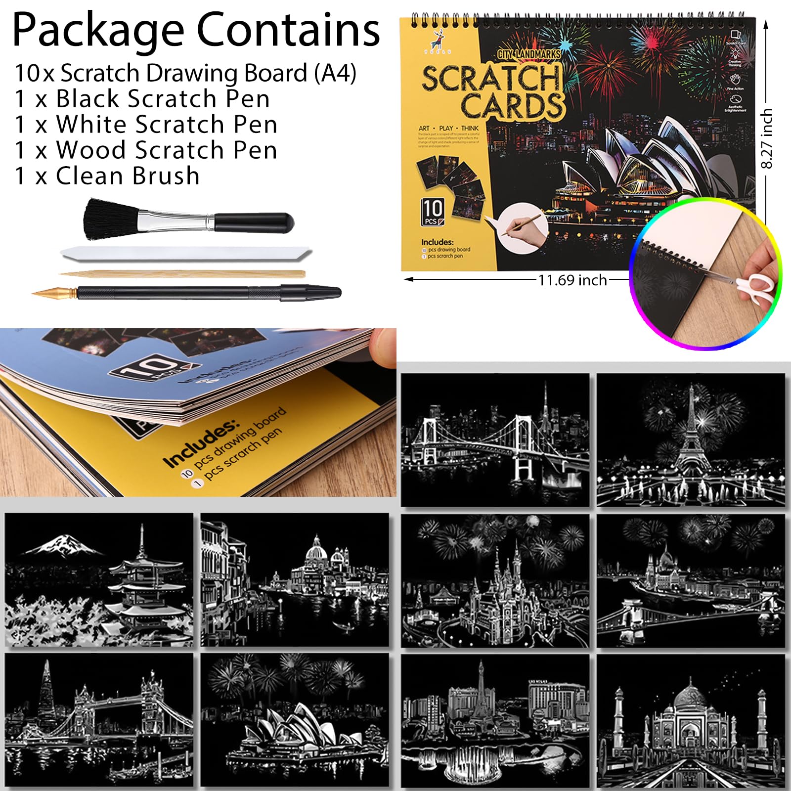 Libro de arte rascador de 10 páginas para adultos y adolescentes: kit de grabado de paisaje urbano con puntos de referencia de viaje, alivio del estrés, atención plena y decoración del hogar 4