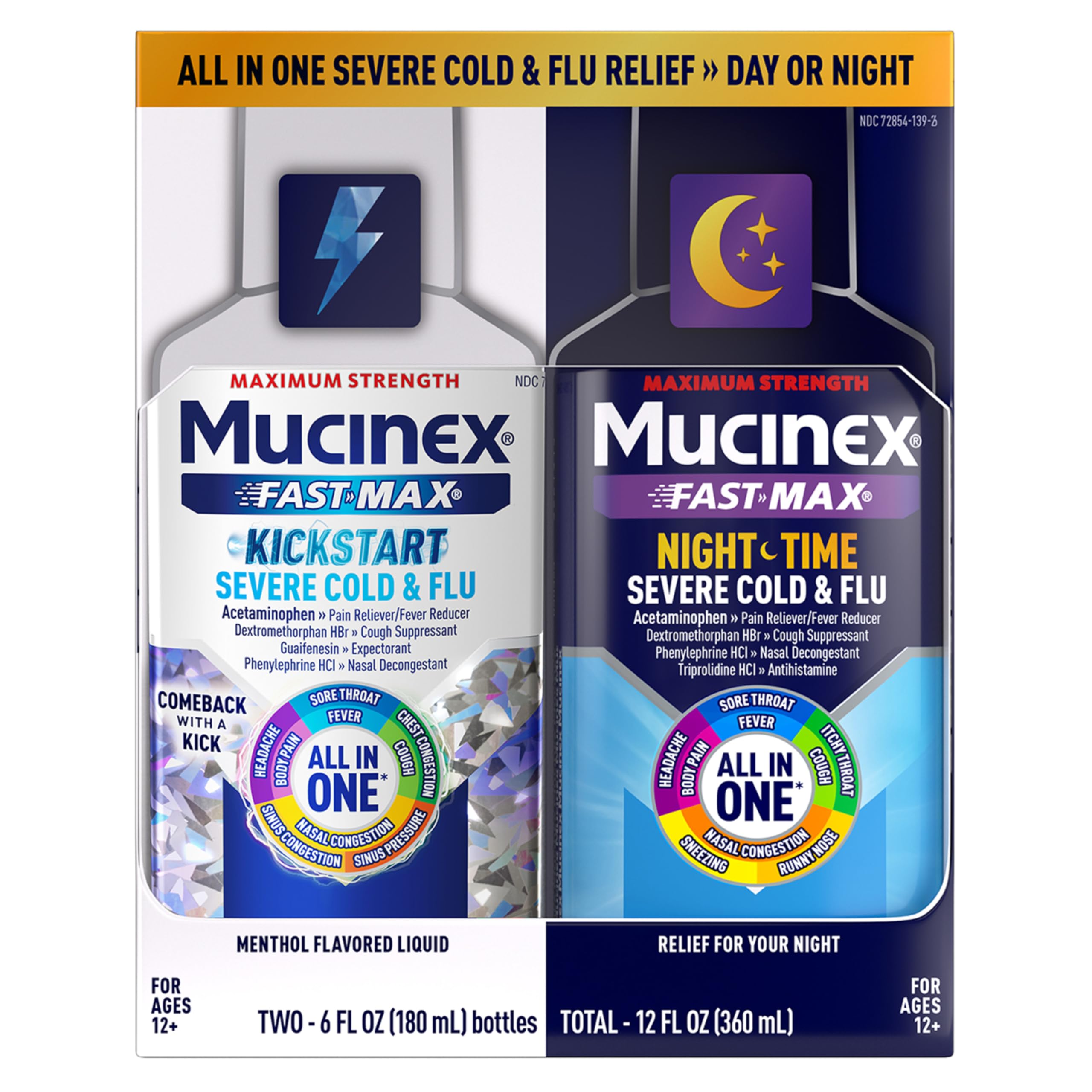 Mucinex Fast-Max Kickstart Severe Cold and Flu Medicine for Adults, Liquid Cold Medicine , Generic Expectorant Guaifenesin & Cough Suppressant Dextromethorphan, Combo Pack, 2x6 fl oz