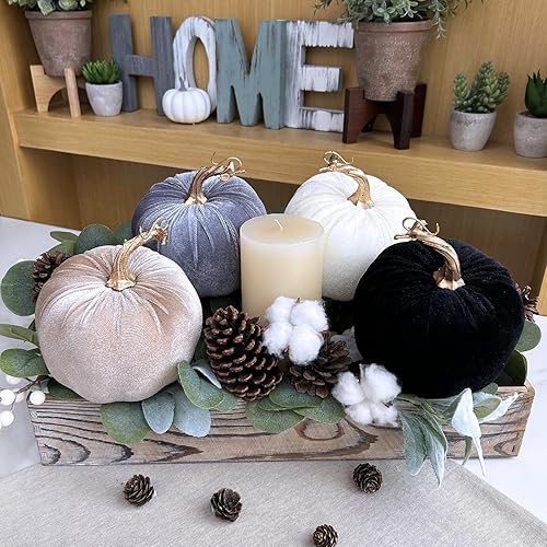 Miniatura 6 de Winlyn 4 calabazas de terciopelo sintético surtidas, calabazas de tela decorativa, calabazas de espuma en blanco, negro, gris, gris topo, de 5