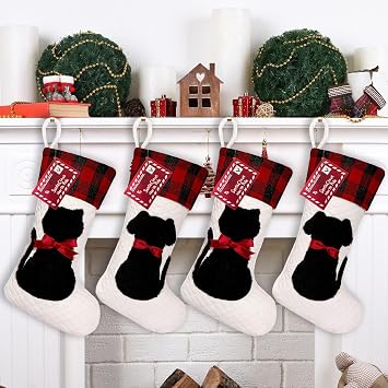 Cat Christmas Stocking Dual-Layer, 20 inch Cat Stocking Single, Pet Christmas Stockings with 3D Black Kitty, Large Animal Buffalo Red Plaid Xmas Stockings for Cats Family Decorations (Black Cat)
