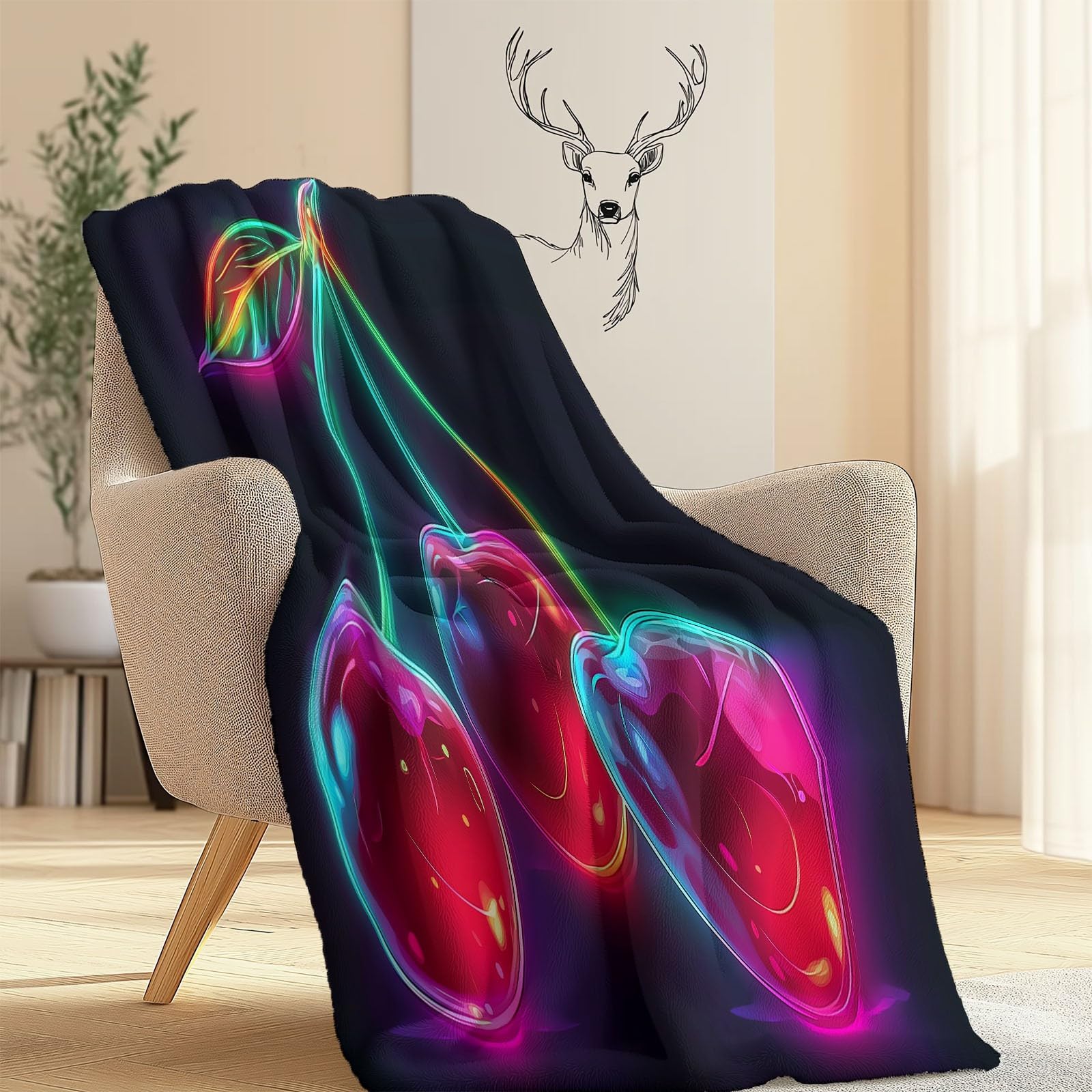 Miękki i przytulny flanelowy koc polarowy 150 x 200 cm - Ciepły pluszowy koc podróżny z nadrukiem z motywem wiśni, dekoracyjna narzuta czarna na sofę i łóżko podróżne