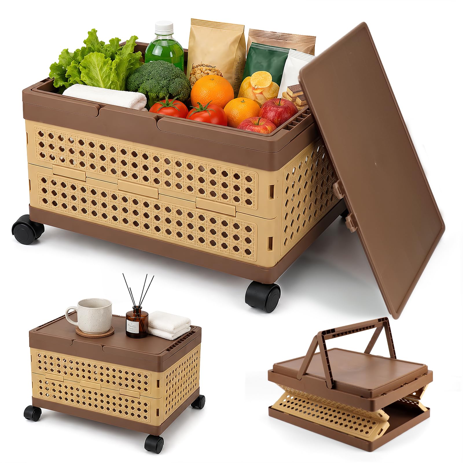 Collapsible Picnic Basket with Lids, 32L Large Plastic Storage Box with Wheels and Handles, Portable Organisation Basket Foldable Crate for Outdoor, Picnics, Camping, Beach (42x33x27cm)