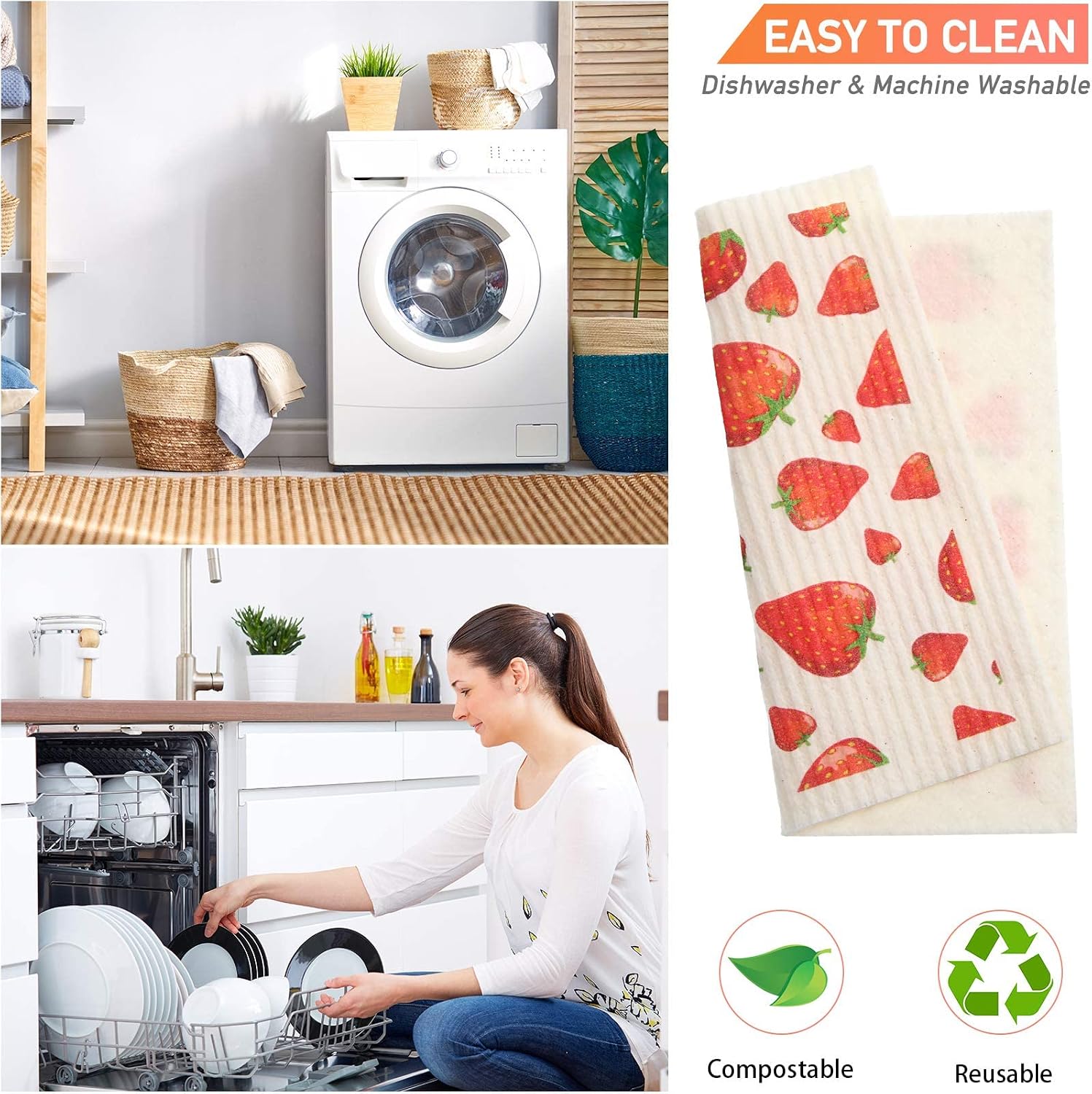 Mixed Fruit Swedish Kitchen Dishcloths Reusable Dish Towels Absorbent and Fast Dry Cleaning Cloths for Kitchen Blueberry Cherry Strawberry Lemon Pineapple Watermelon Cleaning Wipes (12 Pieces)