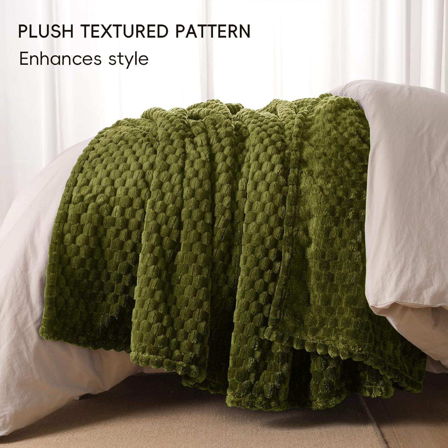 PHF Ultra Soft Flannel Fleece Blanket King Size, Lightweight 3D Jacquard Fleece Blanket, No Shedding, No Pilling, Luxury 340GSM Aesthetic Fluffy Cozy for Bed Room Decor, 108"x90", Olive Green - Image 6