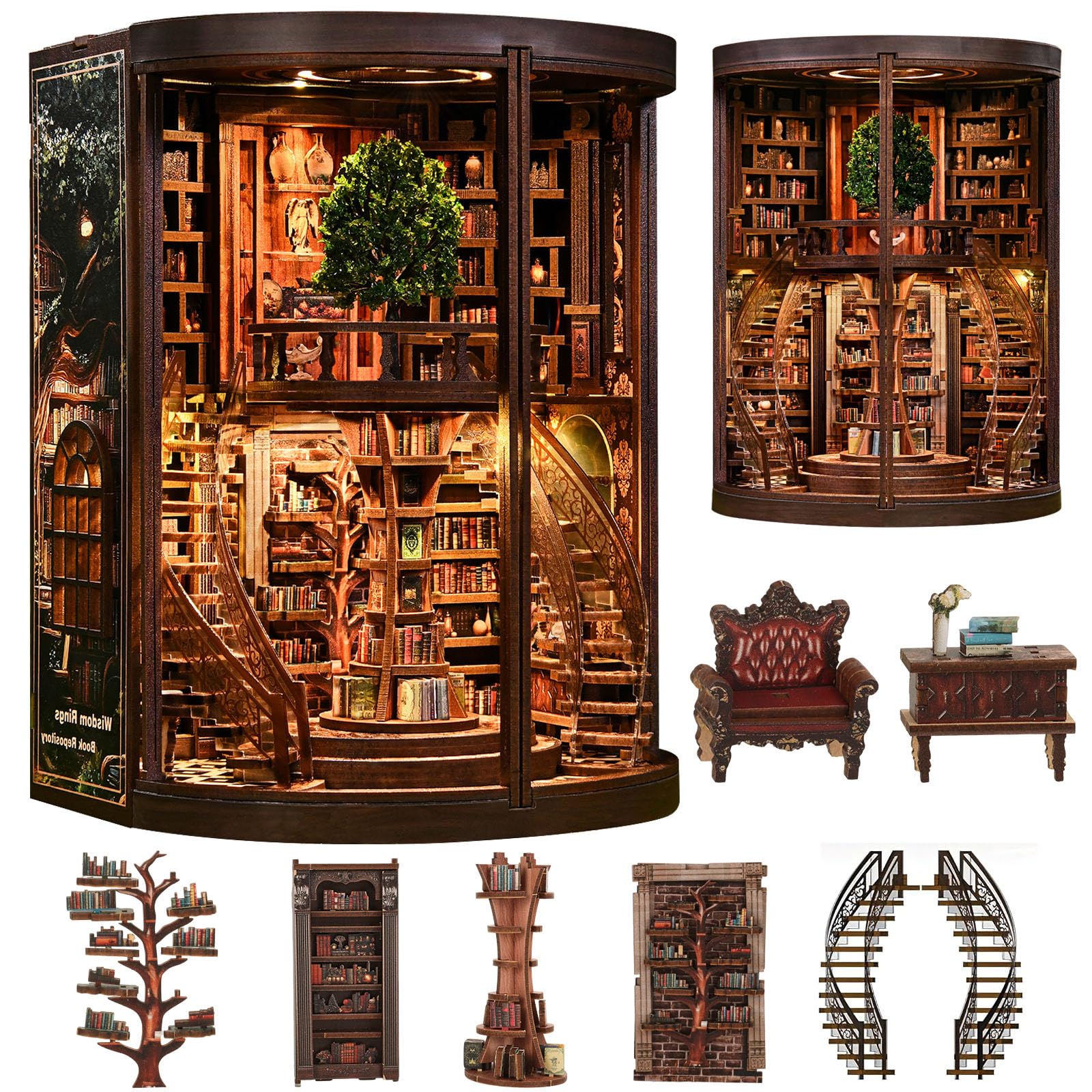 JONRRYIN Book Nook Bausatz Erwachsene, Weisheitsringe 3D Holzpuzzle mit LED-Licht, Miniatur Bausatz, Holzbausatz & Modellbausatz DIY, Kreatives Geschenk (Bibliothek)