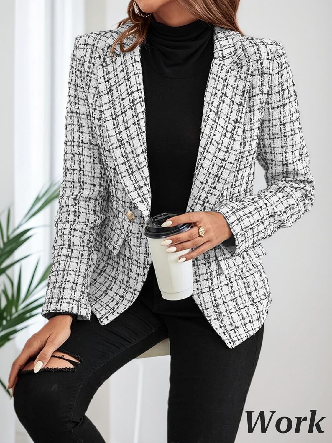 Mina Self 2026 Women’s Tweed Plaid Blazer Jacket - Double Breasted Fully Lined Work Casual Outfits with Pockets - Image 3