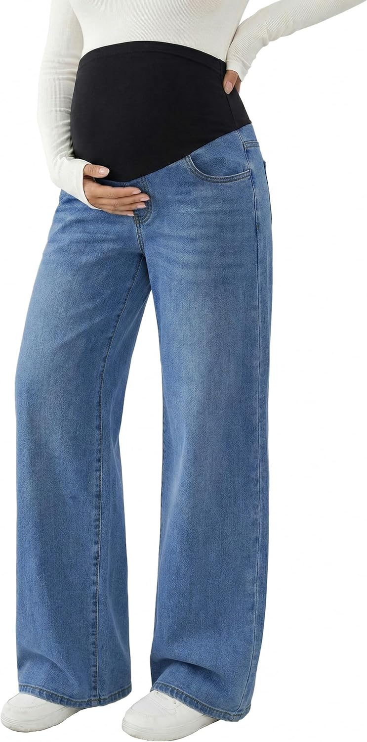 Women's Maternity Jeans Wide Leg Over Belly Comfy Stretch Straight Legs Pregnancy Denim Pants with Pockets