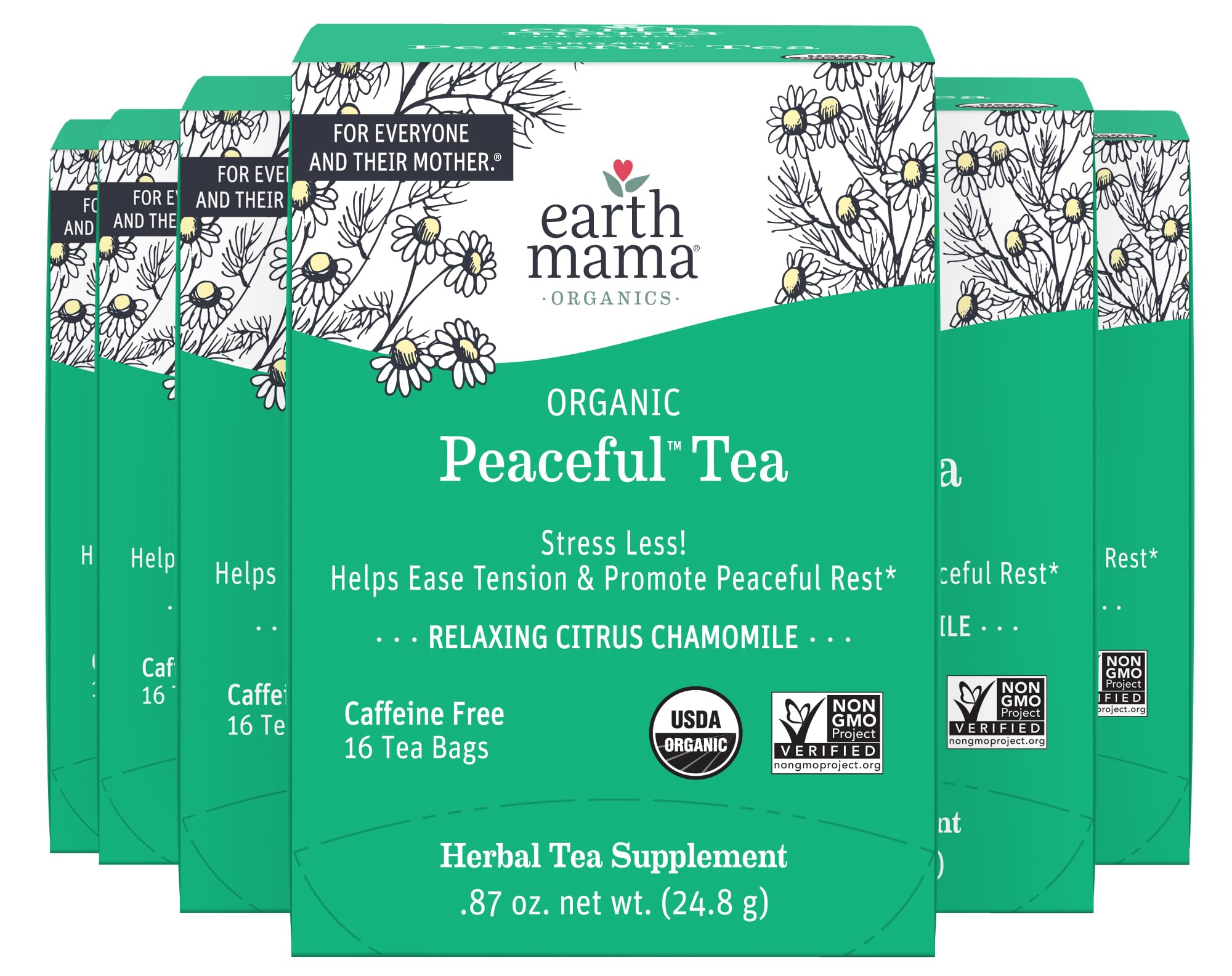 Organic Peaceful™ Tea | Stress Less! Calming, Relaxing Herbal Blend Safe for Pregnancy & Beyond, 16 Teabags Per Box (6-Pack)