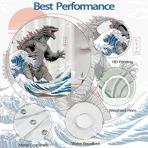 Miniatura 6 de Divertida cortina de ducha de dinosaurio japonés con ondas oceánicas, juego de cortina de baño con 12 ganchos (japonés, 72.00 x 72.00 pulgadas)
