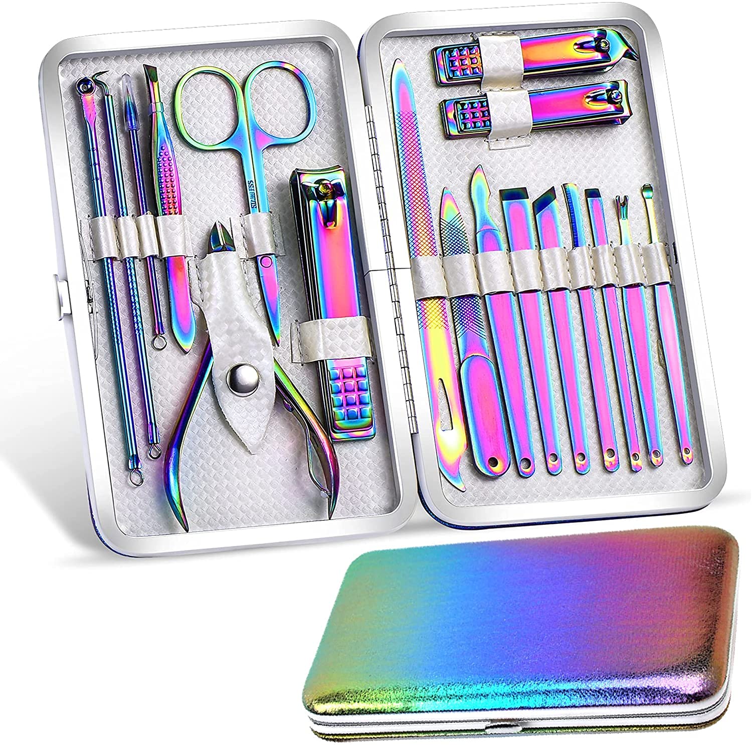 Beauté SecretsLuxury Manicure Pedicure Kit for Women and Men, Nail Clippers Set Pedicure 18 Pieces Stainless Steel Manicure Kit Professional Grooming Care Tools Nose Hair Scissors Nail File, Multi