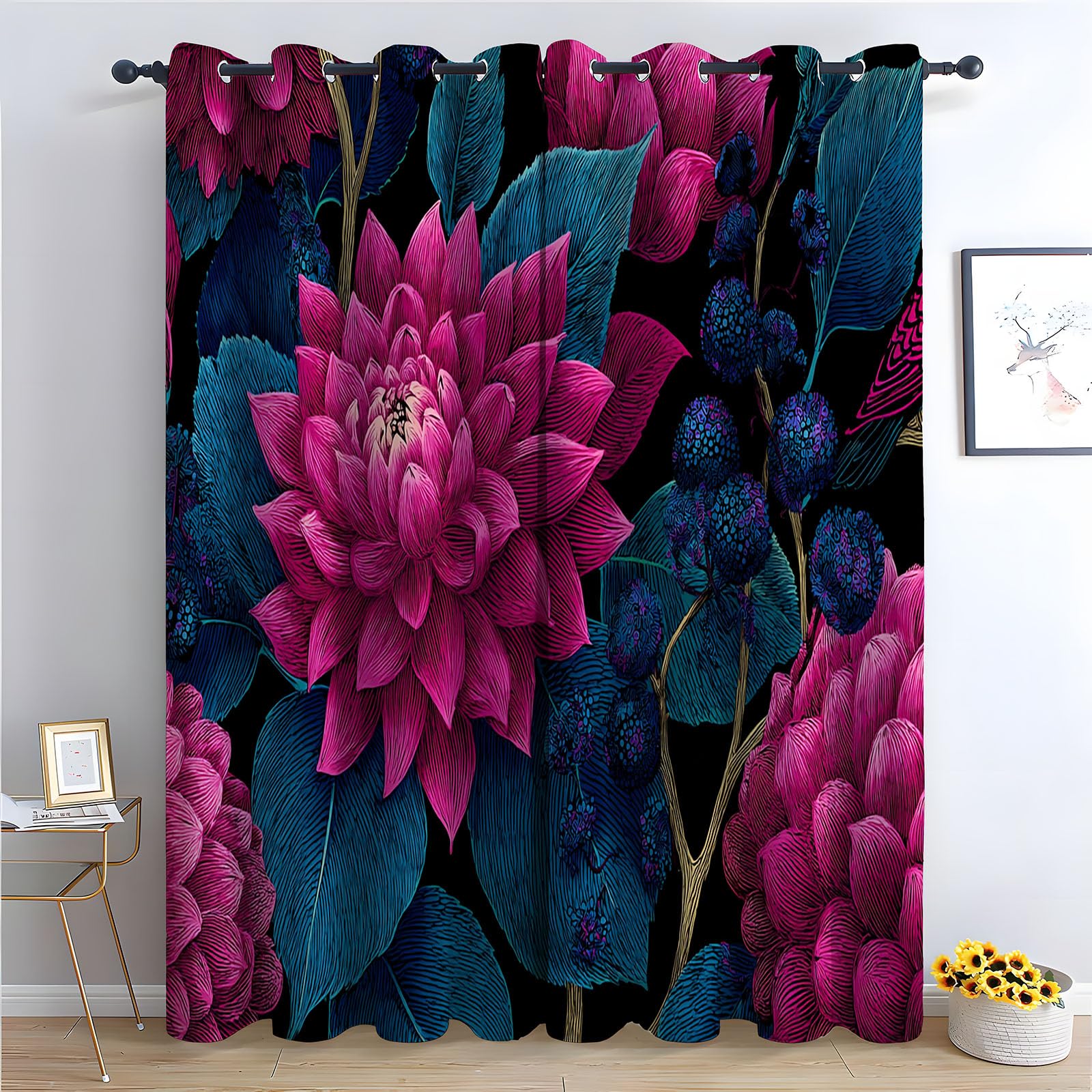 TERUEA Curtains Polyester Dark tone magenta blue leaf berry modern floral Farmhouse Flower Print Decorative Grommet Window Drapes Blackout Curtains for Bedroom-42 W x 84" L (Pack of 2)