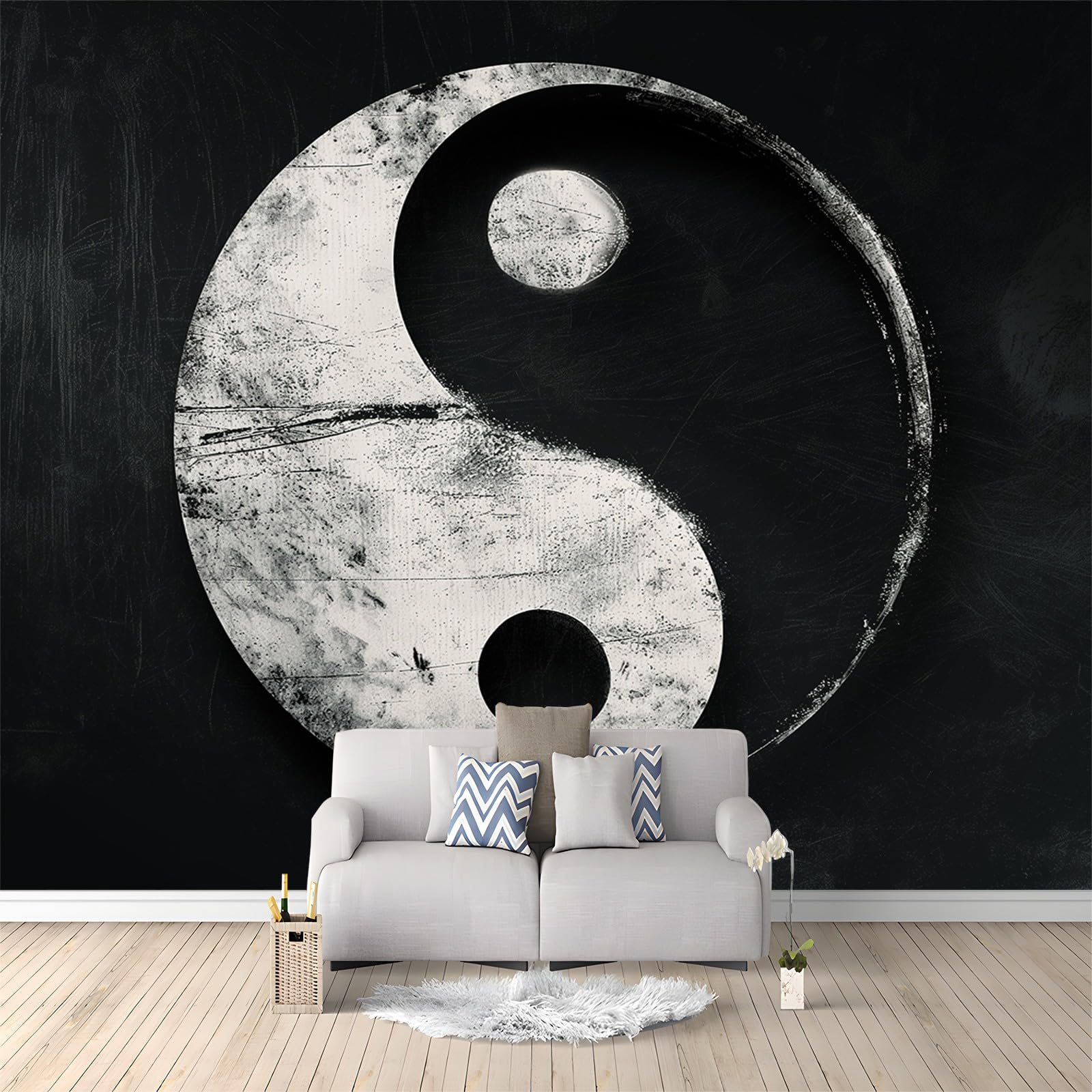 Tapeta z włókniny z motywem orientalnego symbolu Tai Chi, tapeta 400 x 280 cm, panorama, nowoczesna dekoracja, czarna do salonu, sypialni, fototapeta, dekoracja ścienna