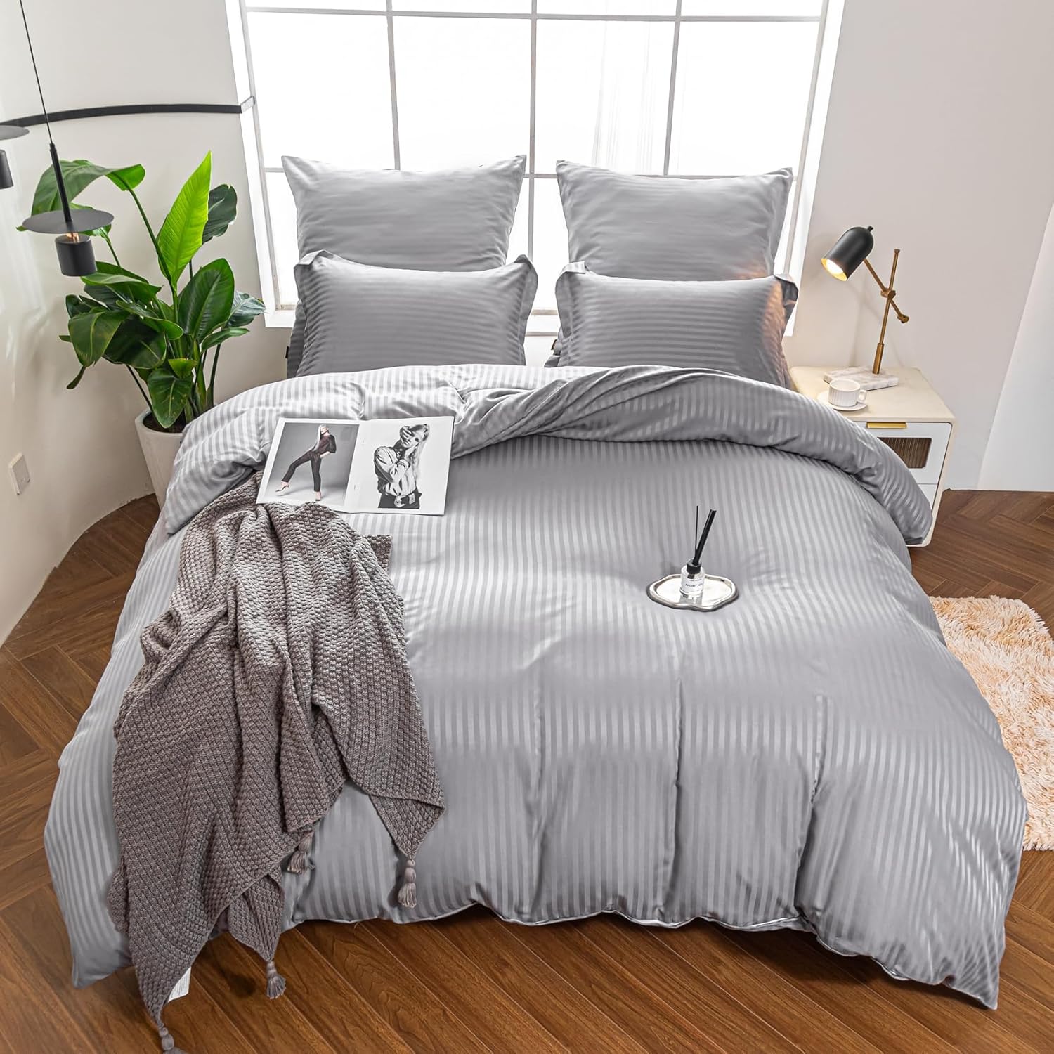 Hotel Duvet Cover Set King Size Gray Microfiber Satin Striped Hotel Luxury Comforter Cover 3 Piece Set with Zipper Closure & Corner Ties Wrinkle Free Hypoallergenic Soft Breathable