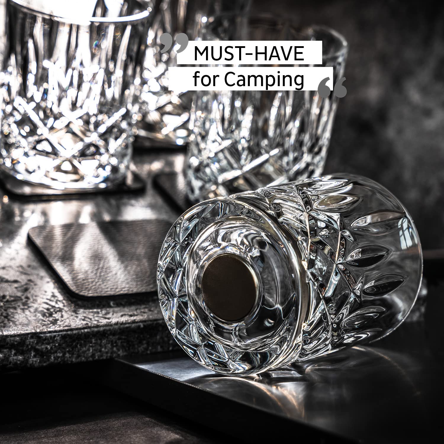 silwy® Juego de 4 vasos magnéticos de cristal para whisky, incluye cuatro almohadillas de gel de metal reutilizables, vasos magnéticos antideslizantes para camping, caravana y navegación
