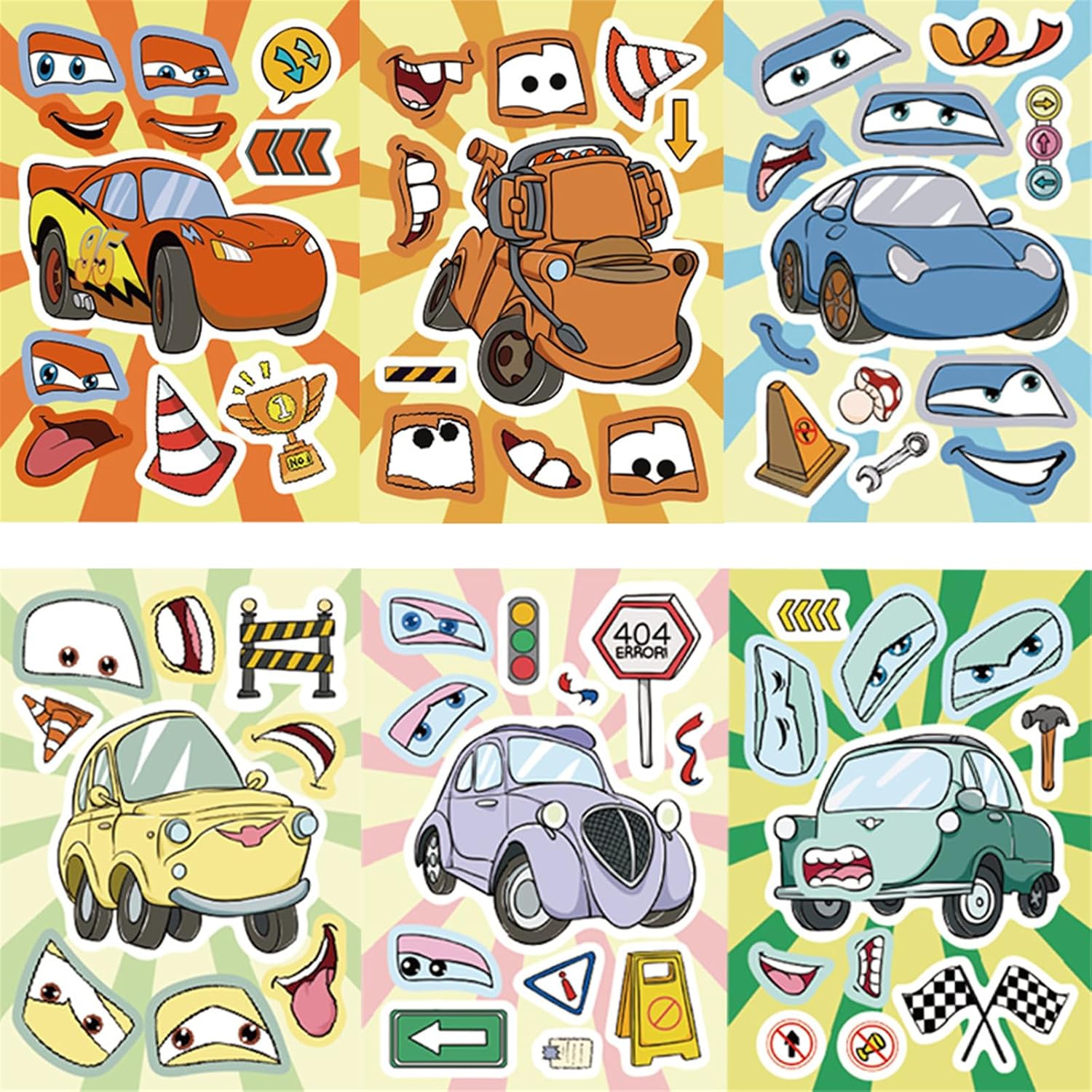 24 Sheets Make a Face Cars Stickers for Teens, Make Your Own Cartoon DIY Car Movie Stickers for Teens for Theme Birthday Party Supplies (Car)