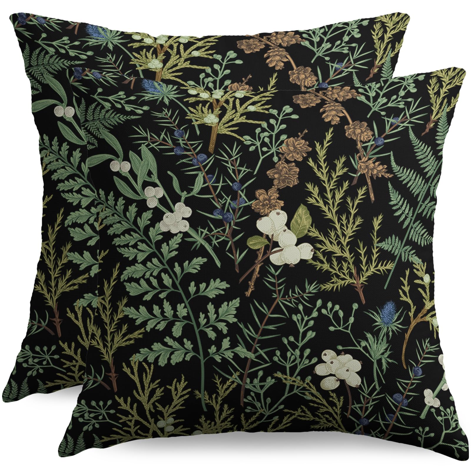 sorfbliss Botanical Print Floral Pillow Covers 16x16 Set of 2 Black Sage Green Spring Vintage Flower Plant Decorative Throw Pillow Cases Outdoor Farmhouse Decor for Sofa Couch Bed