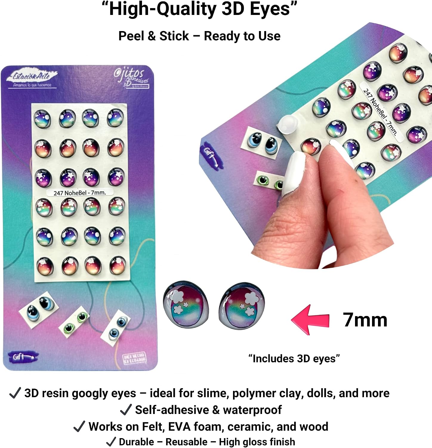 3D Resin Googly Eyes – 7mm Multicolor Self-Adhesive (24 pcs/12 Pairs) – Vibrant Dome Eyes for Slime, Polymer Clay, Dolls, Felt Crafts, DIY Miniatures – Premium Glossy Resin – Ojitos Adhesivos 3D