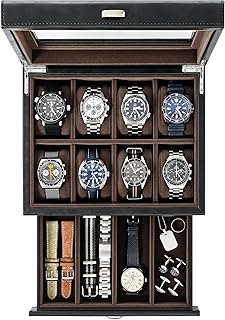 TAWBURY 8 男性用腕時計ボックス – 洗練されたブラックウォッチボックス フェイクレザー腕時計ケース | 男性用腕時計ホルダーオーガナイザー 収納バレット引き出し付き | 男性用高級腕時計コレクションボックス