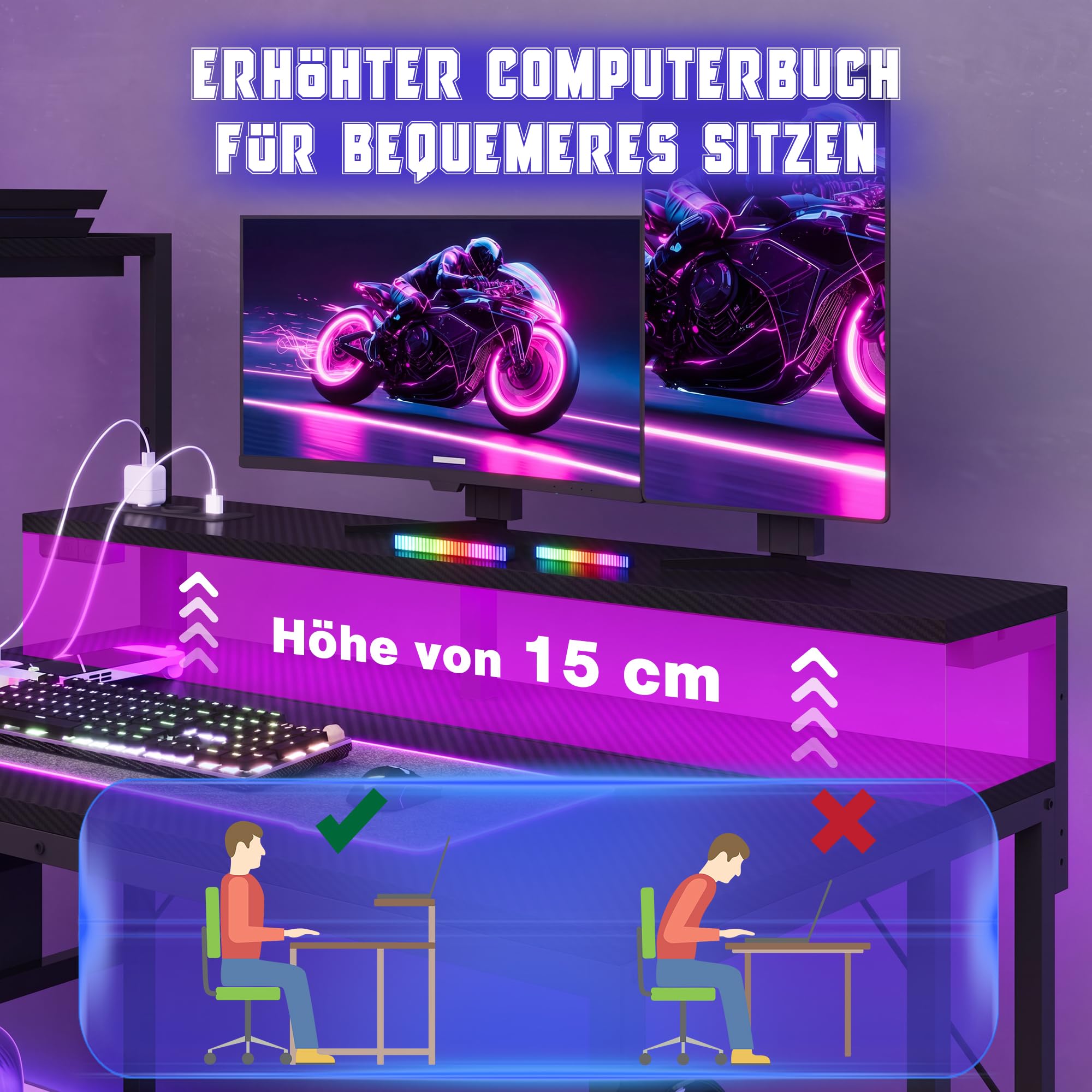 JUMMICO 140×60cm Gaming Tisch mit Steckdose & Lichtleiste, umkehrbarer computertisch mit Monitorständer, schubladen & Ablagefach, Kopfhörerhaken, Gaming Schreibtisch Carbon Fiber Schwarz