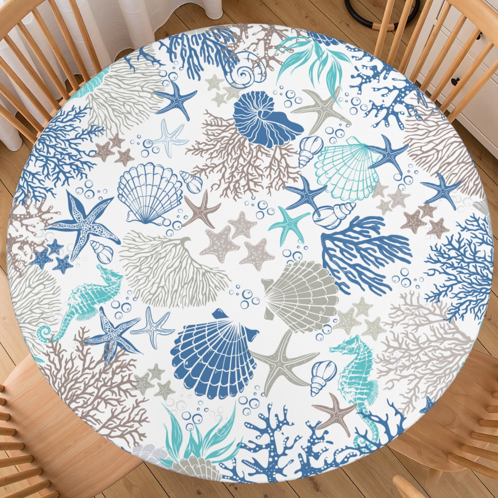 FJQWKLF Summer Coastal Round Fitted Tablecloth with Elastic Edge 40-44 Inch Nautical Coral Table Cover Washable Starfish Seashell Seahorse Table Cloth for Kitchen Dining Decor