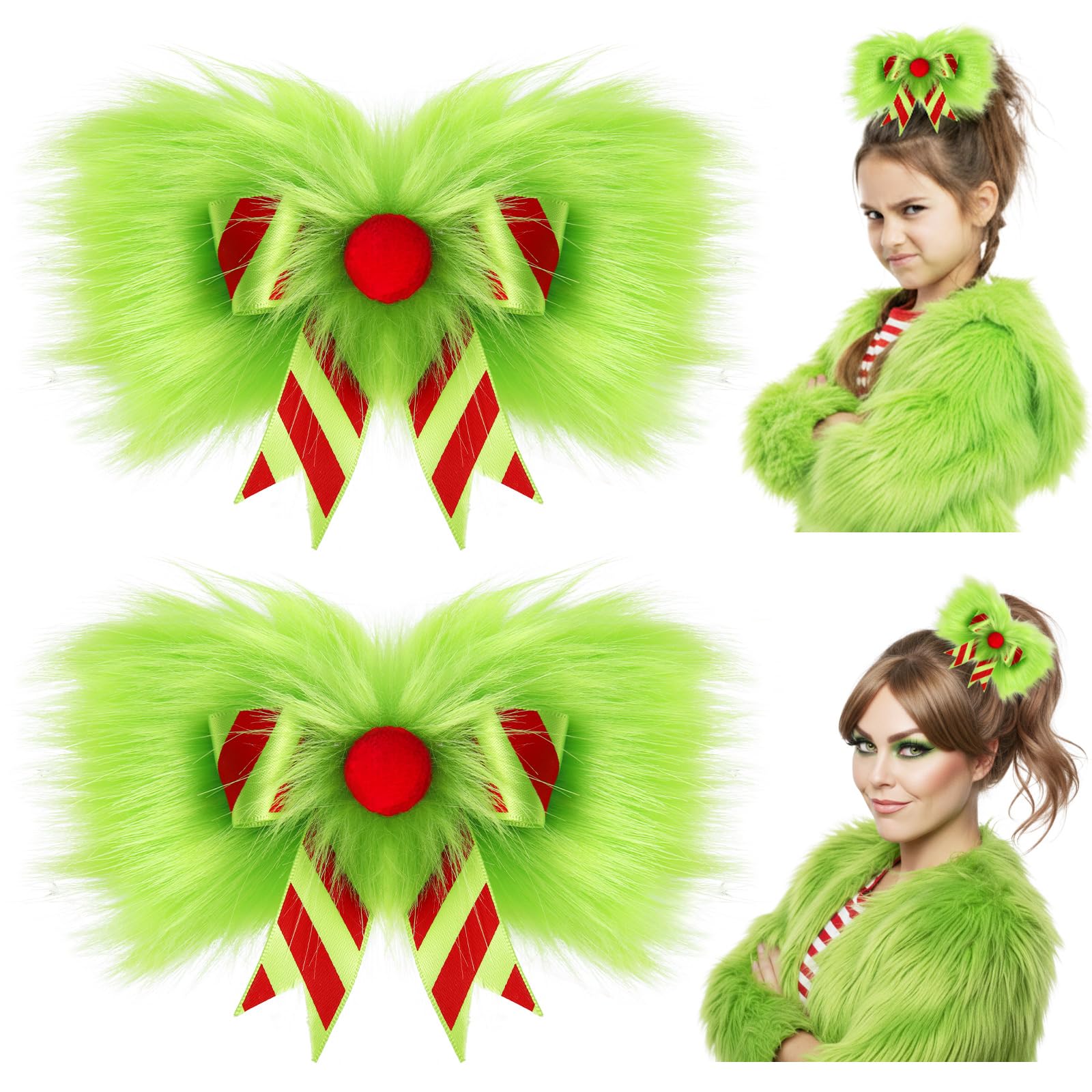 2 Pc Christmas Hair Bow for Women Large Green Furry Hair Bows Clip for Christmas party Festive Holiday Costume Accessories(Cute Bow Style)
