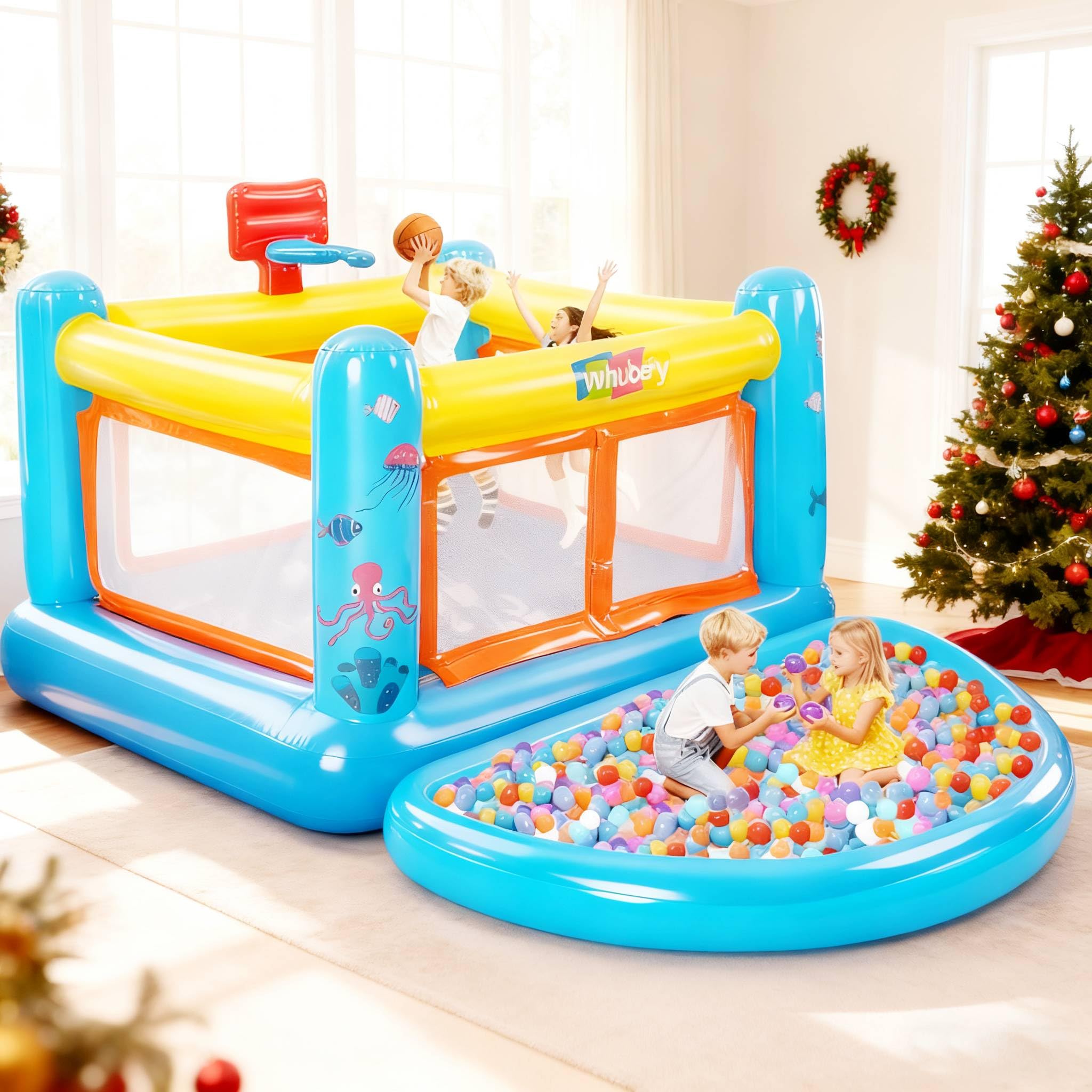 Photo 1 of ***NO BLOWER OR SLIDE***AKEYDIY Inflatable Bounce House, Indoor Bounce Castle for 3-8, PVC Jump House with Slide 8.9 ft L x 5.6 ft W x 4.3 ft H Bouncer with Blower,Pastel Bouncer Slide with Safety Net,Basketball Rim&Fun Play