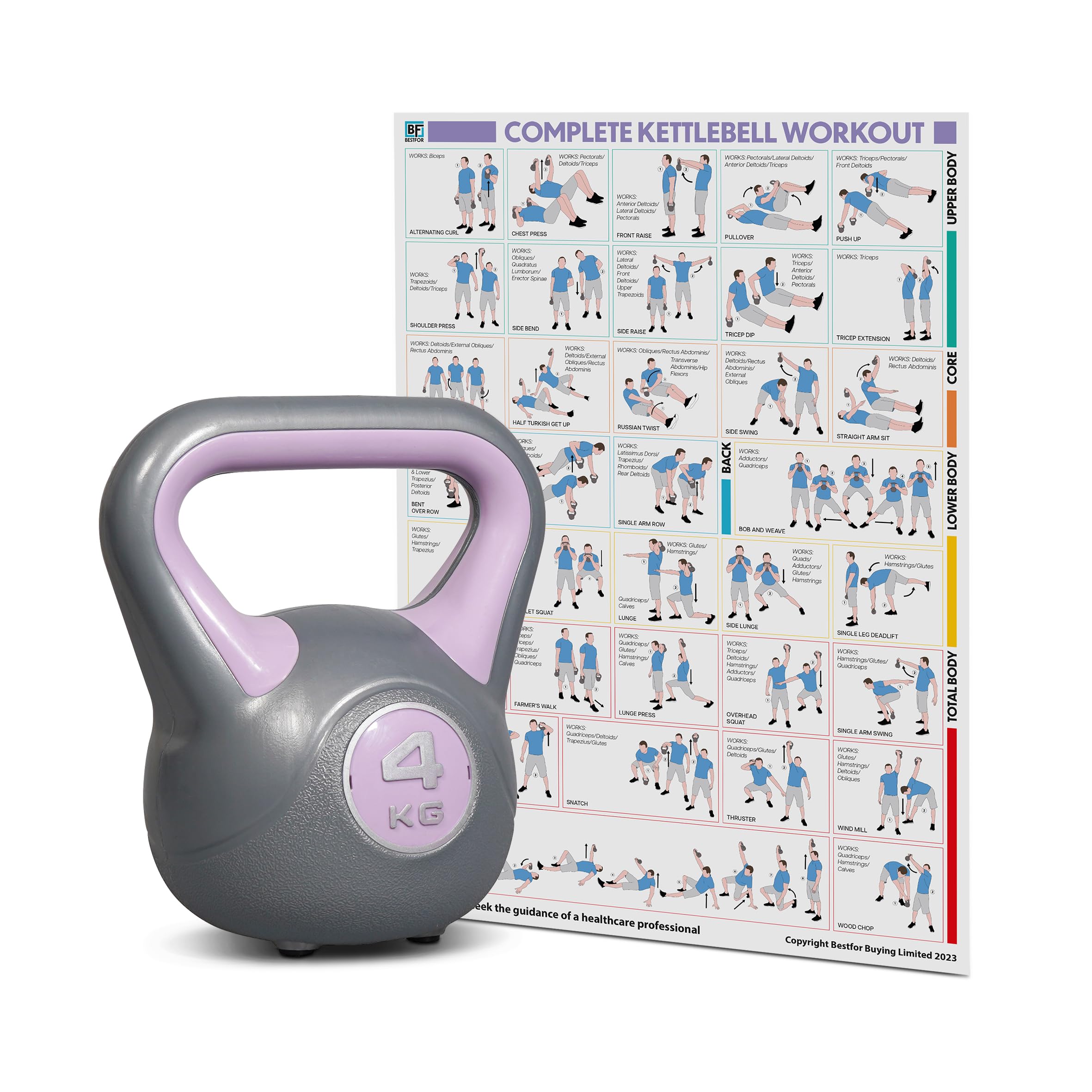 Bestfor Kettlebell Vinyl Coated, Two Tone, Weight Lifting Strength Kettle Bell, for Training, Cardio, Fitness, Muscle Exercise Chart, Body Building, Home Gym Workout 4kg