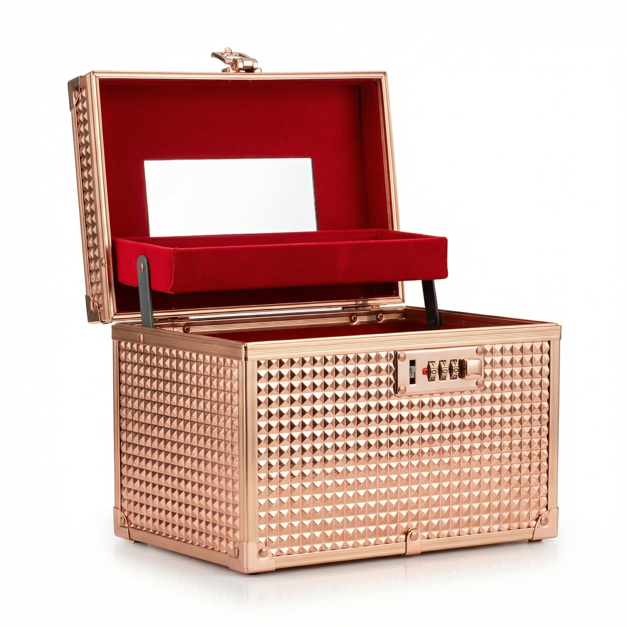 Makeup Vanity Box, Aluminum Cosmetic Organizer with Mirror, Waterproof Beauty Storage Case, Portable Beauty Organizer Trousseau Box Lockable 28x17x20 cm (Rose Gold)-image-13
