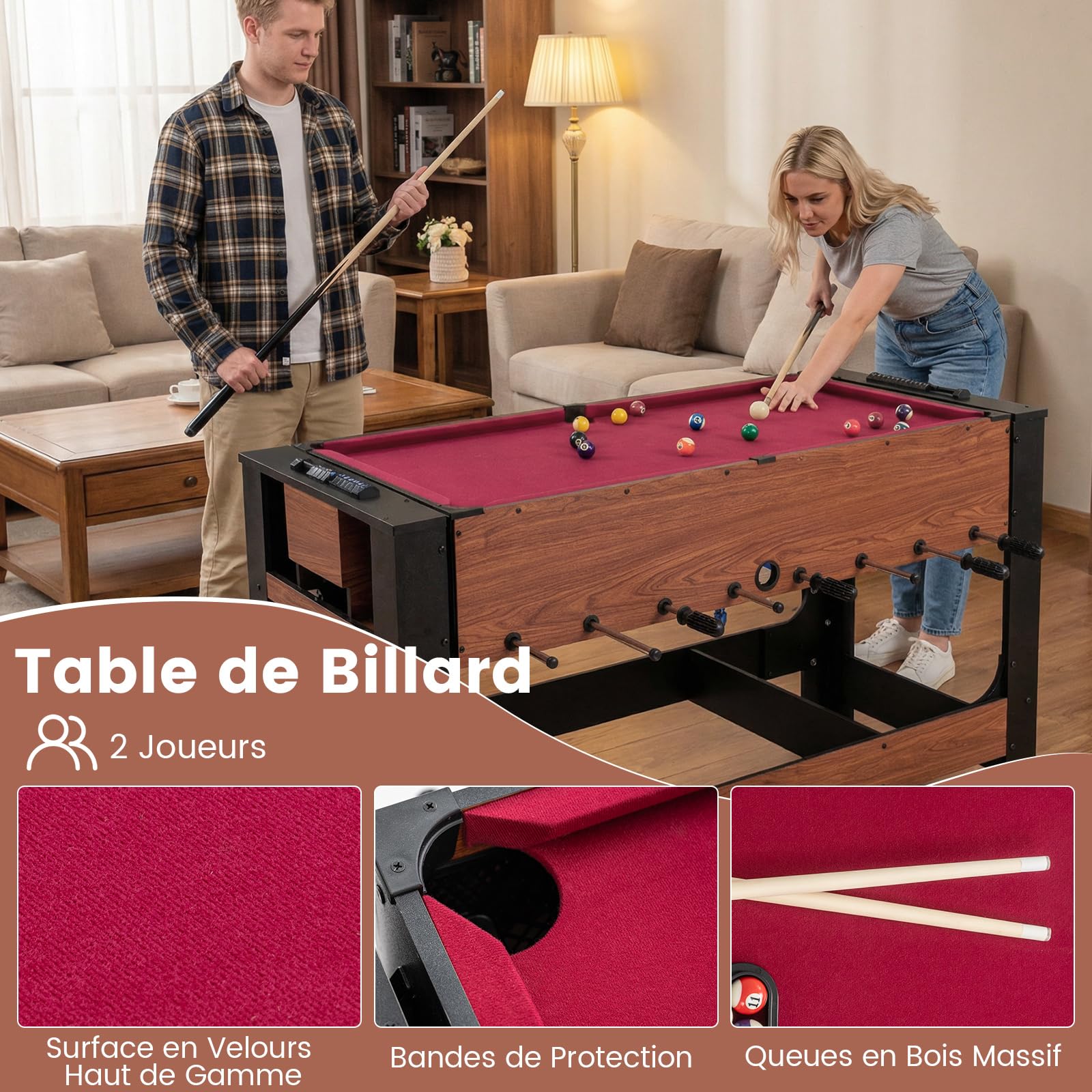 DREAMADE Table de Jeu Pivotante, Baby-Foot & Billard 2 en 1, Table d'Arcade Rotative avec Cadre en Métal, Pack d'Accessoires de Jeu pour Salle de Jeux à Domicile, sous-Sol, Adolescents & Adultes