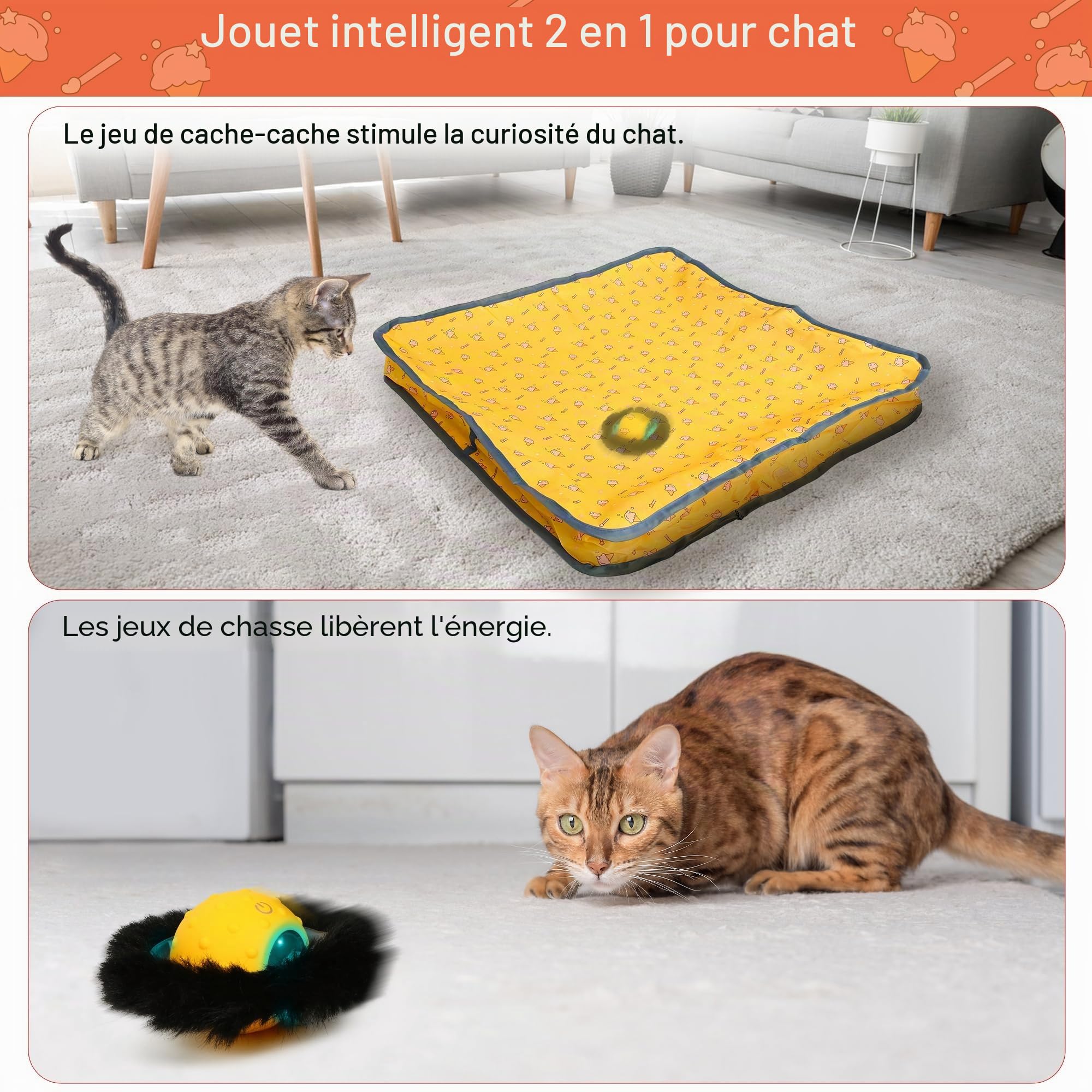 Iokheira Jouet Chat Interactif, Jouet Chat Interieur, Automatique Balle - Rechargeable et Silencieuse, Jeux pour Chat Interieur, Jeu de Chasse pour Chat, Jouet de Noël (Jaune)