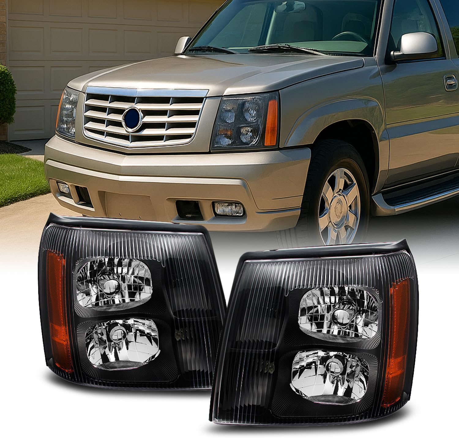AKKON - For Cadillac Escalade Black Bezel Halogen Type Headlights Front Lamps Replacement Pair Left + Right