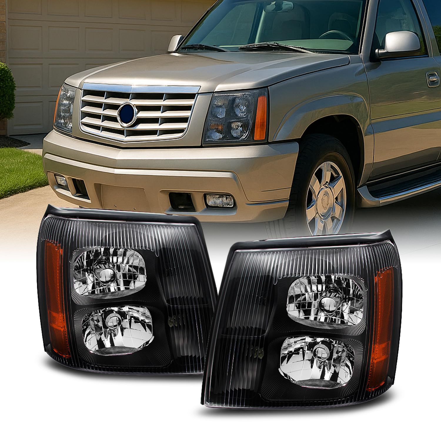 AKKON - For Cadillac Escalade Black Bezel Halogen Type Headlights Front Lamps Replacement Pair Left + Right
