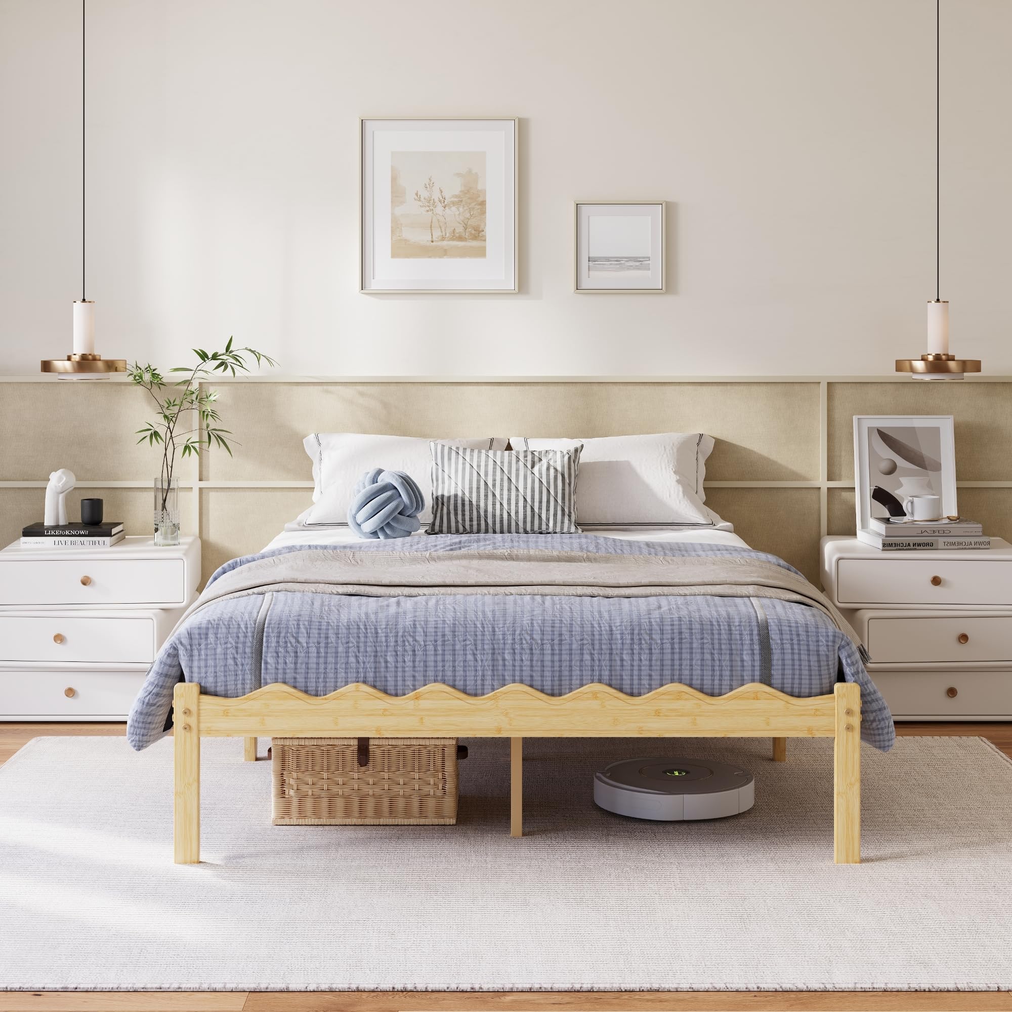 Hunlostten Wooden Double Bed Frame - Modern Style Bamboo Wood Bed Frame with Headboard and Footboard Underbed Storage Slats Support Easy to Install, Noise Free, Sturdy, 35.5 cm High