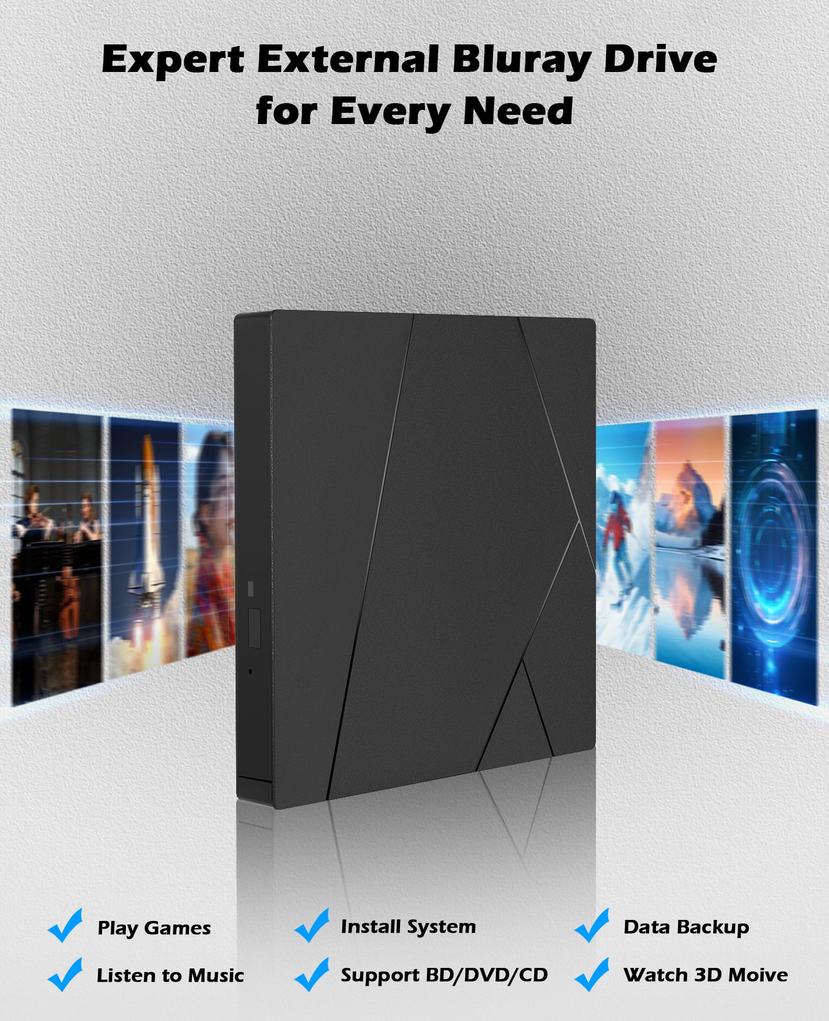 Wbacon Unidad Blu ray externa con cable de datos de extensión USB 3.0 tipo C | Unidad de DVD Blueray externa para PC, grabadora externa Bluray compatible con Windows/MacOS/Linux Laptop Desktop